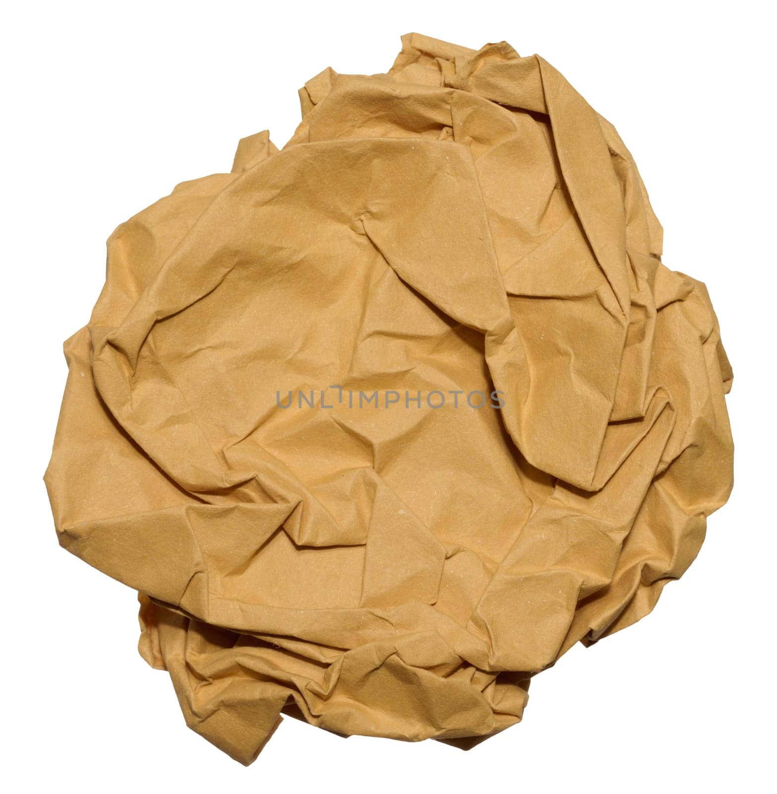 Crumpled brown sheet of paper isolated on white background, close up
