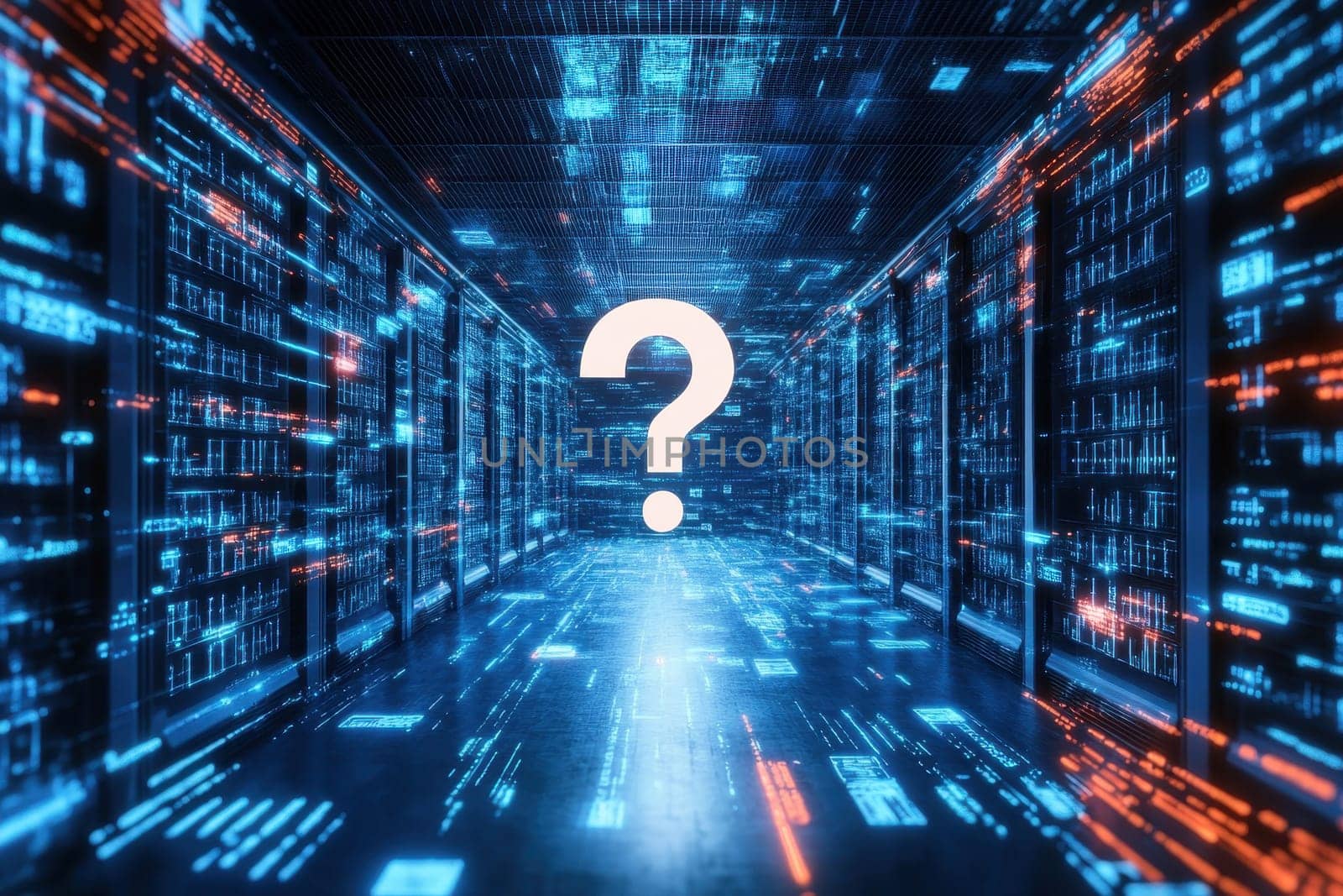 A digital question mark symbol stands out in a futuristic data environment, surrounded by flowing information elements. This image captures curiosity and exploration in technology.