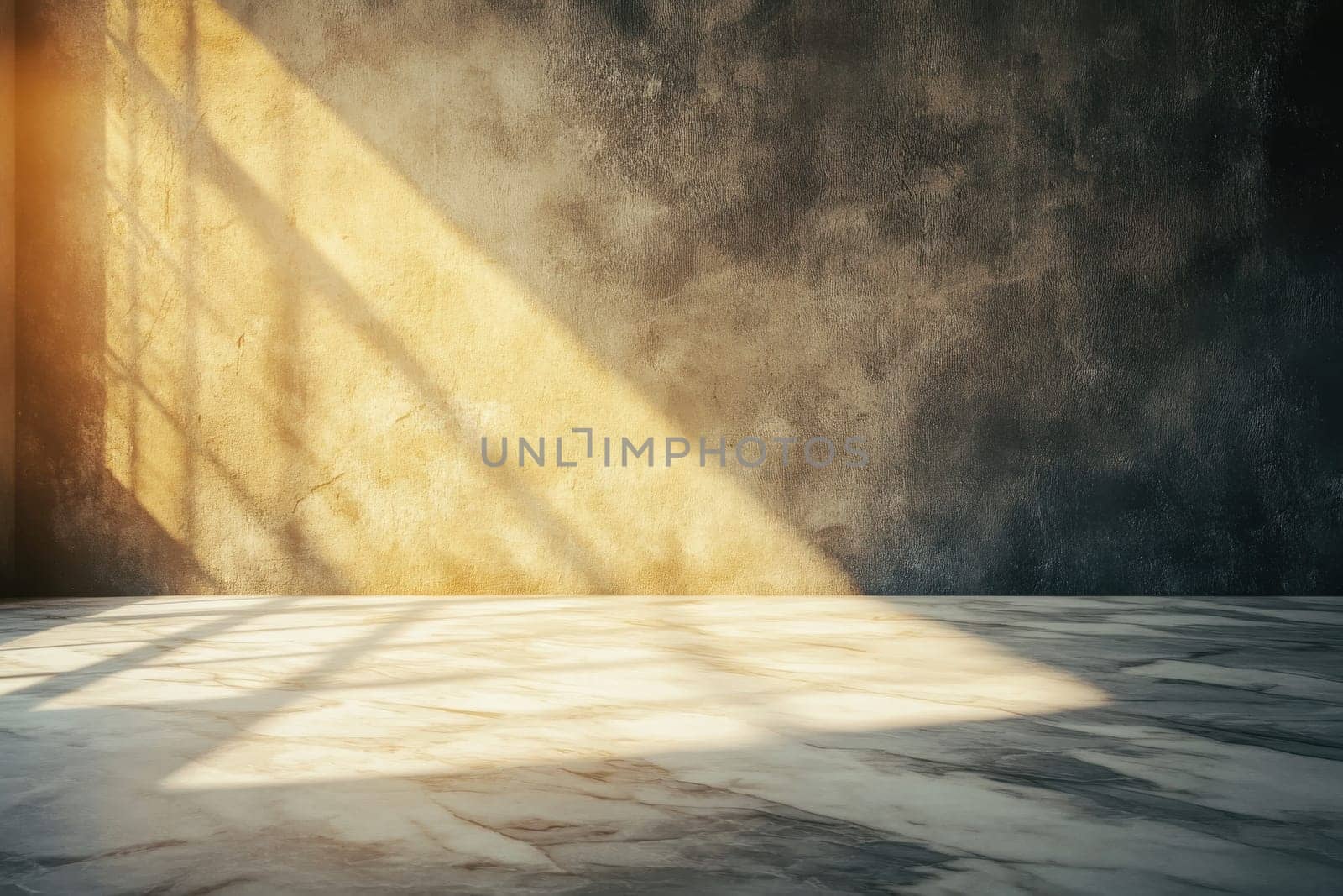 A modern marble table placed against a textured concrete wall, illuminated by warm sunlight rays, creating an elegant and minimalist atmosphere.