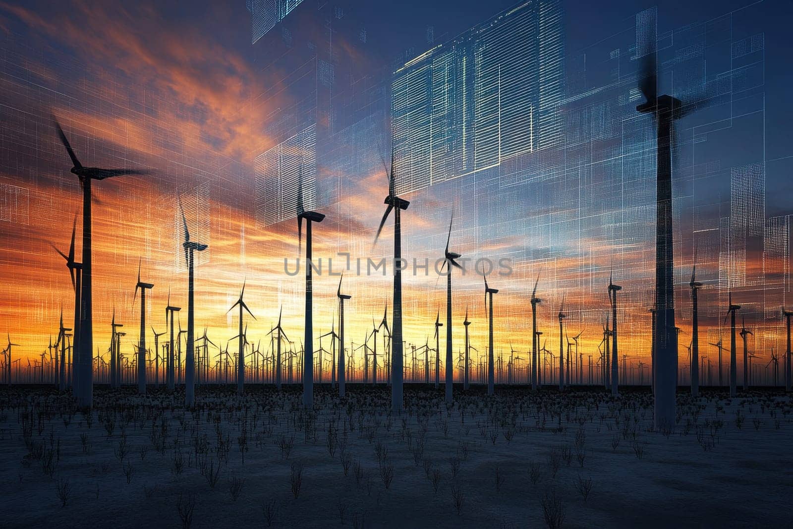 A stunning depiction of a futuristic wind farm featuring holographic projections against a vibrant sunset backdrop, showcasing renewable energy technology and innovation.