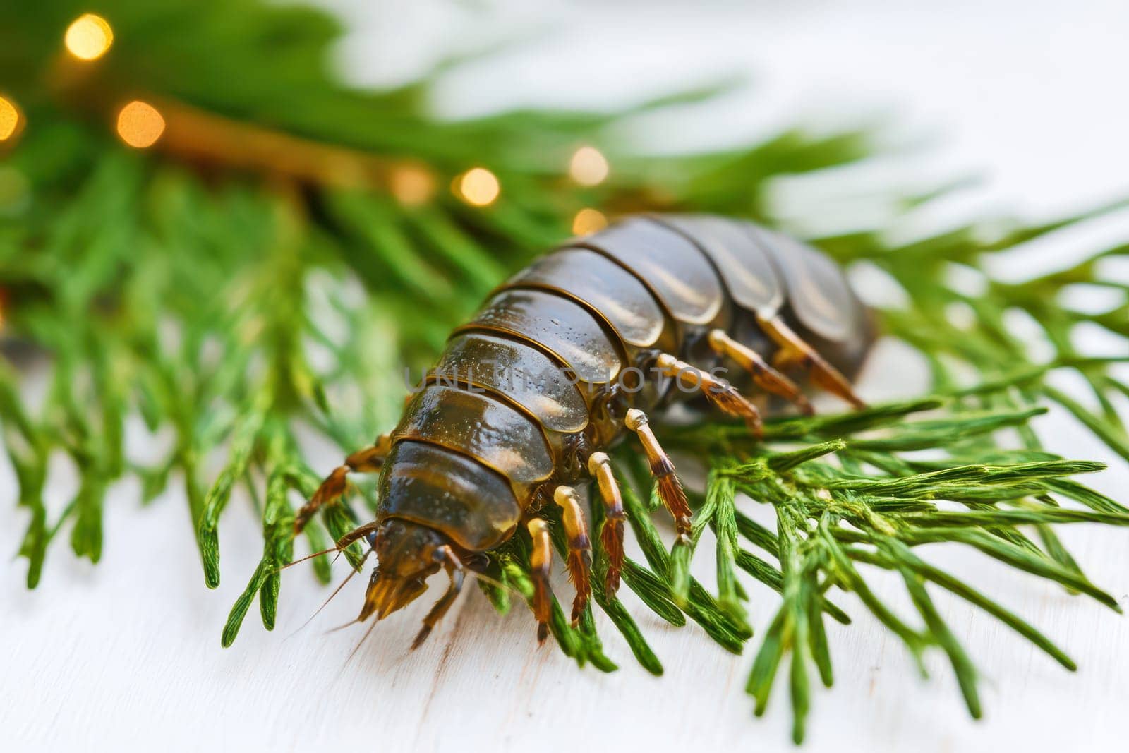 A large insect rests on evergreen leaves showcasing its segmented body and intricate details with soft lighting creating a peaceful atmosphere.
