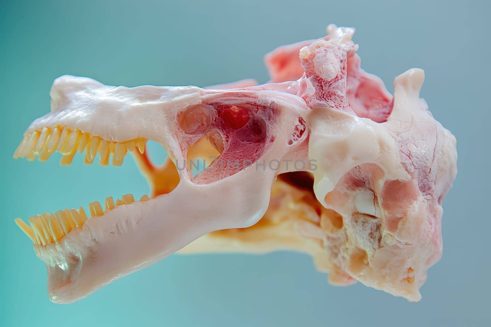 A close up of an animal skull shows intricate details of teeth and bone structures highlighting the textures and colors of the specimen.