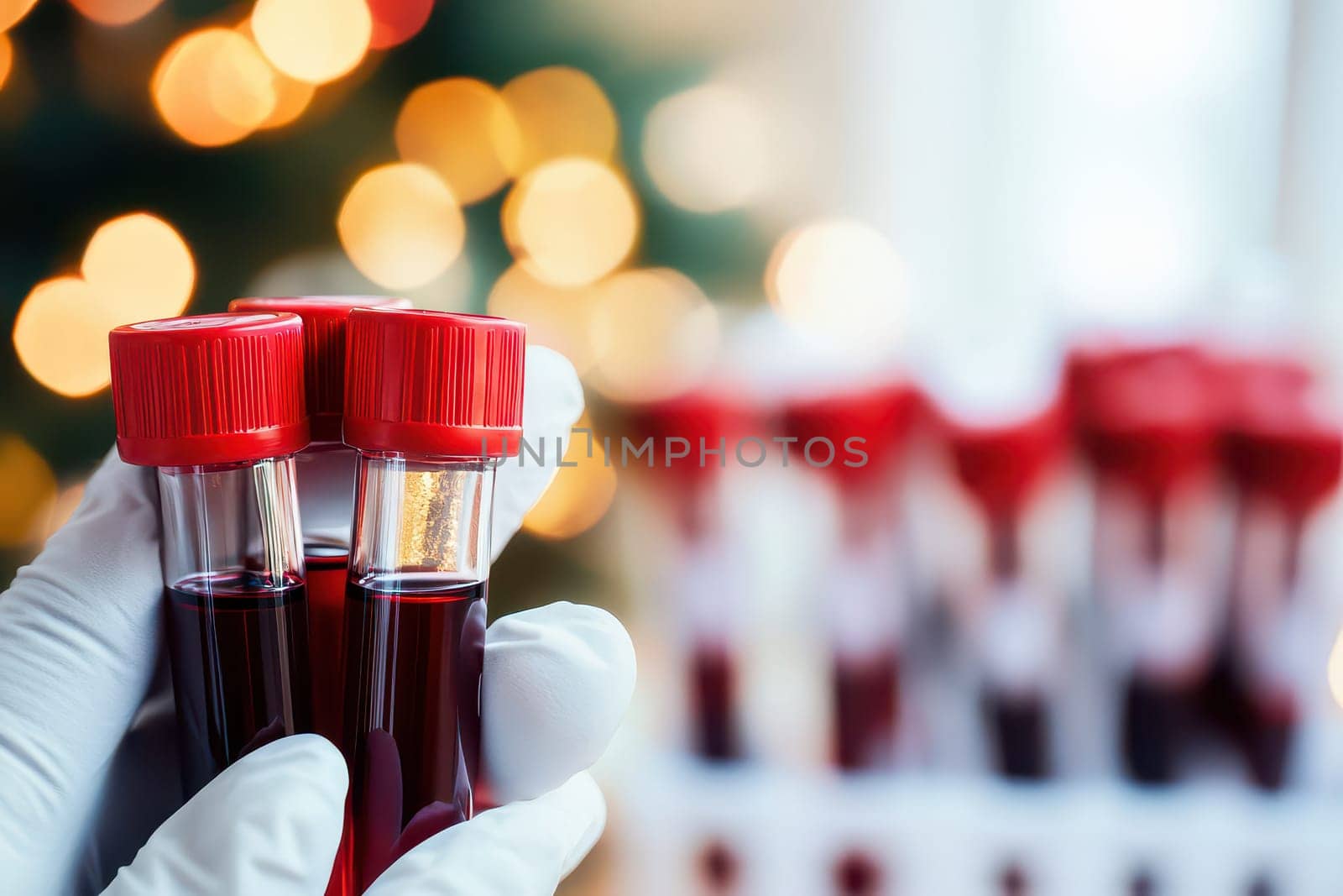 Hands in gloves hold blood samples with red caps showcasing medical testing during a holiday season with festive lights in the background.