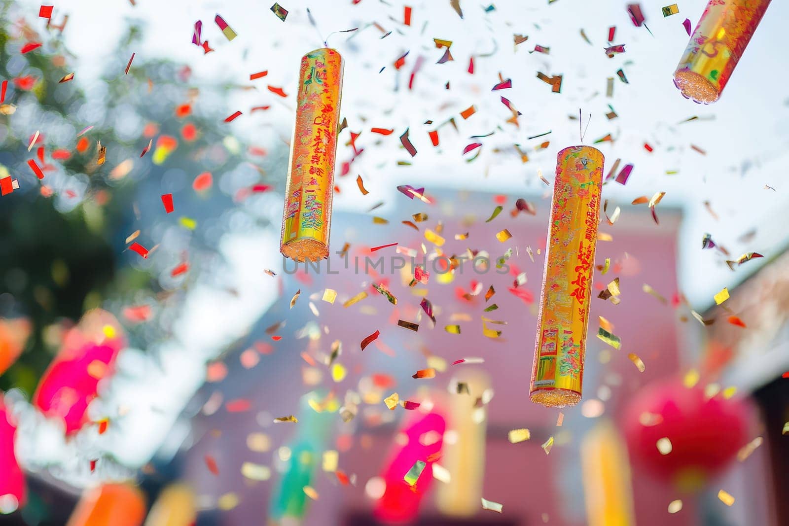 Brightly colored firecrackers hang amidst falling confetti during a lively celebration creating an atmosphere of joy and excitement in the air.