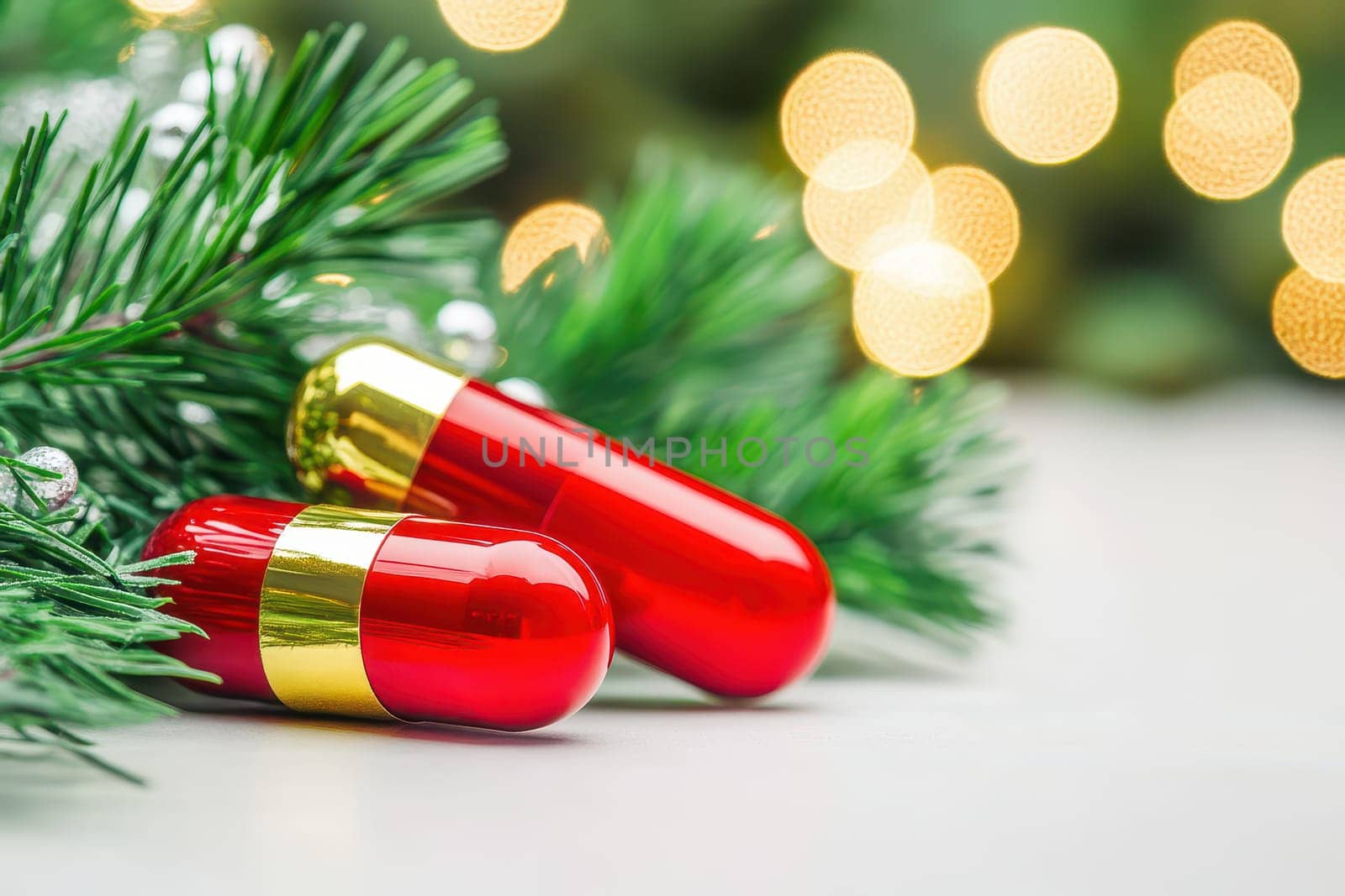 Bright red capsules with gold caps rest on lush green pine branches surrounded by shimmering holiday lights in the background.