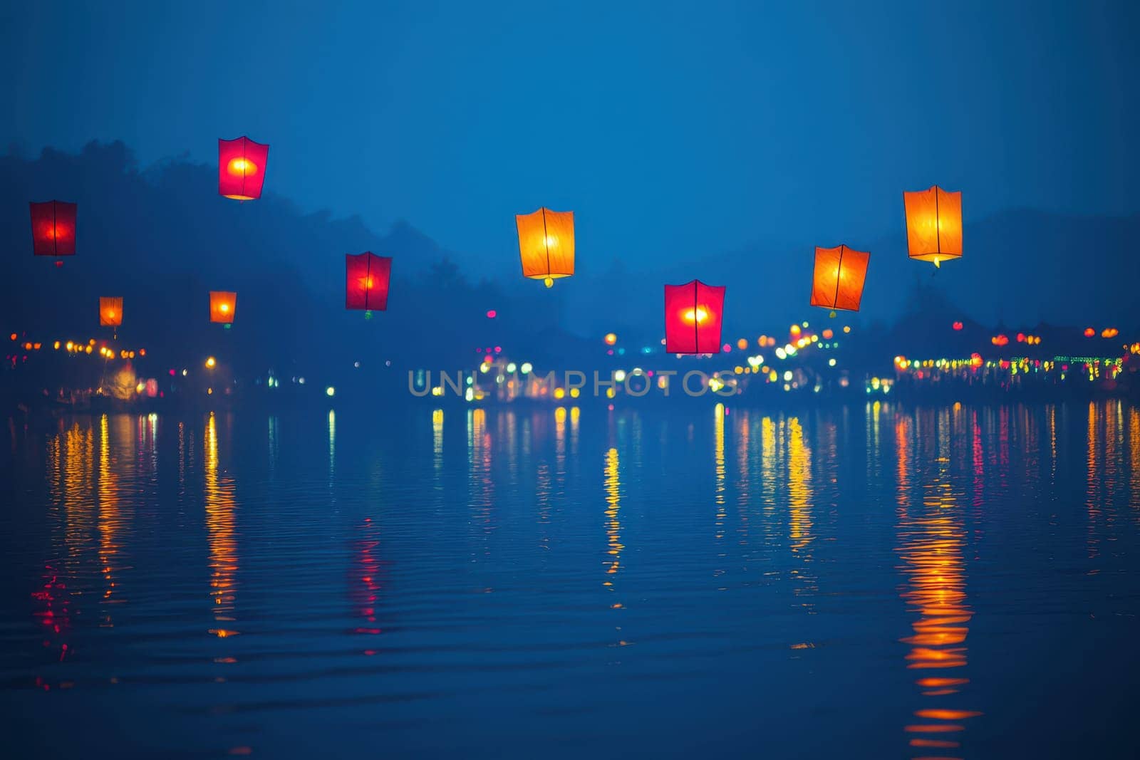 Colorful lanterns float above a tranquil lake reflecting light on the waters surface as dusk settles over the scenic landscape.