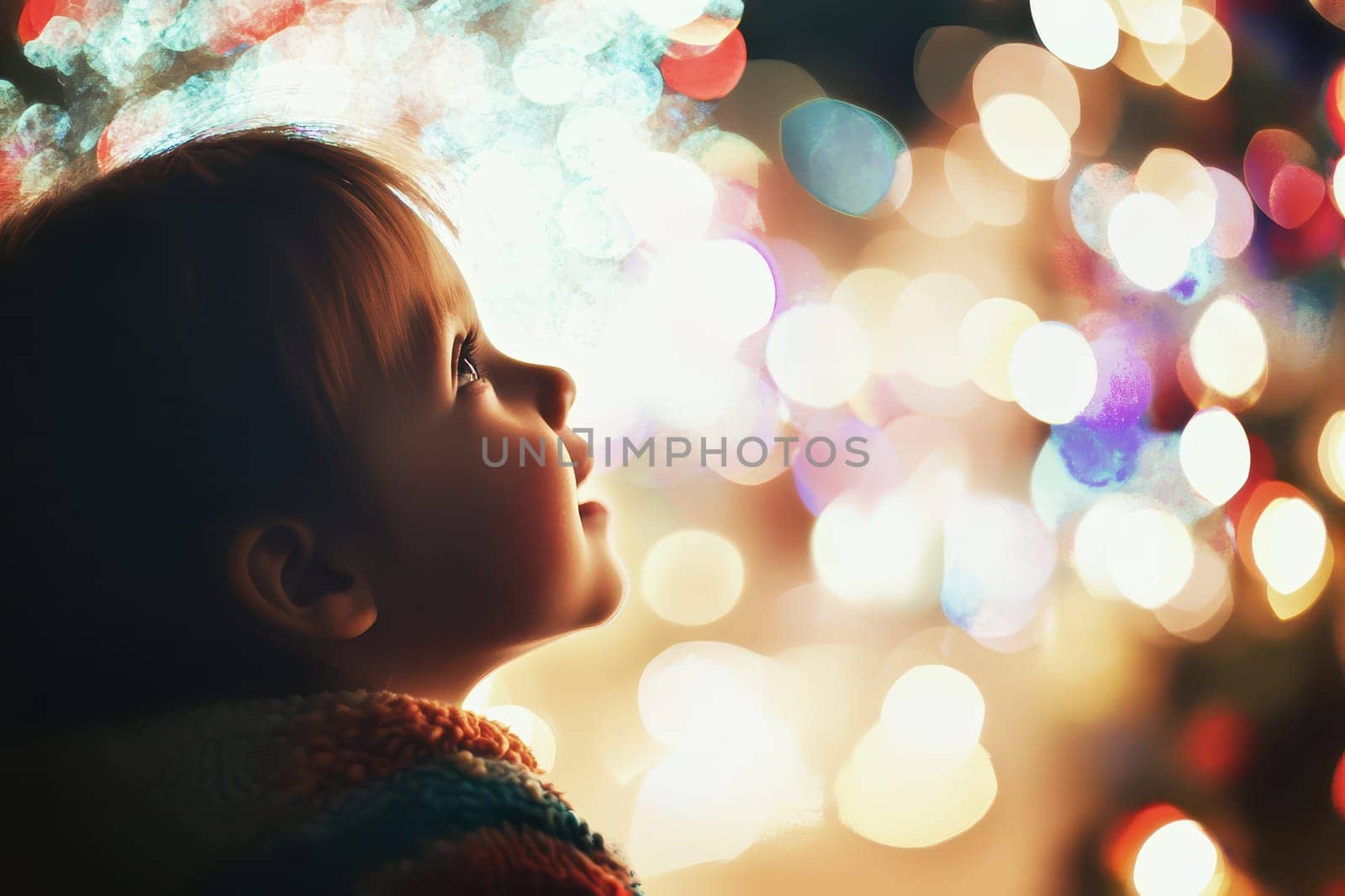 A young child looks up with fascination at vibrant glowing lights during a festive evening celebration radiating joy and curiosity.