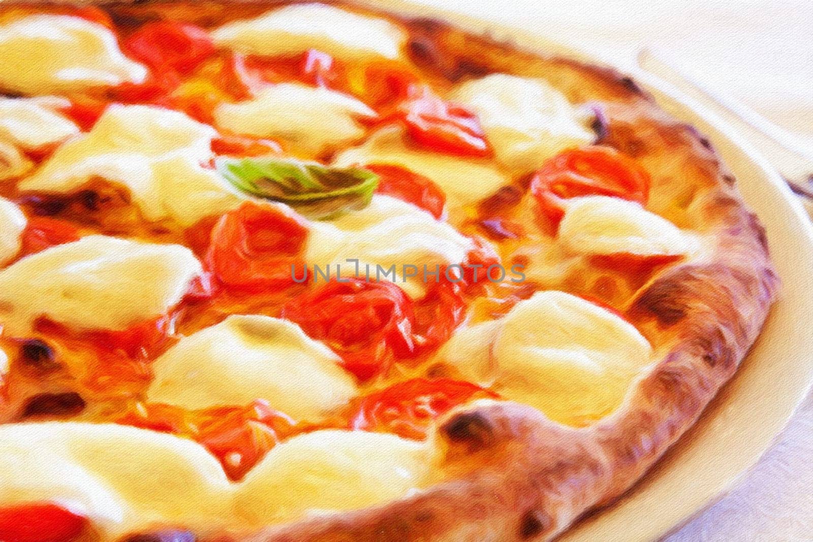 Creative illustration in vintage watercolor design - Pizza Margherita with Mozzarella cheese, basil and tomatoes
