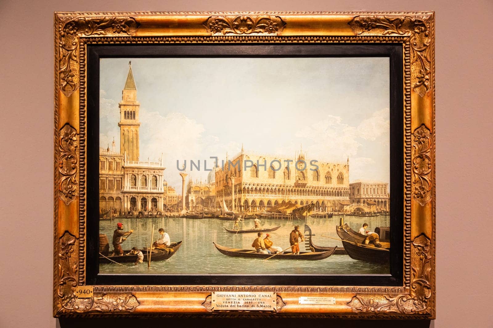 Milan, Italy - 23 September 2023: Brera antique painting museum. View of Venice, by Canaletto, 1745