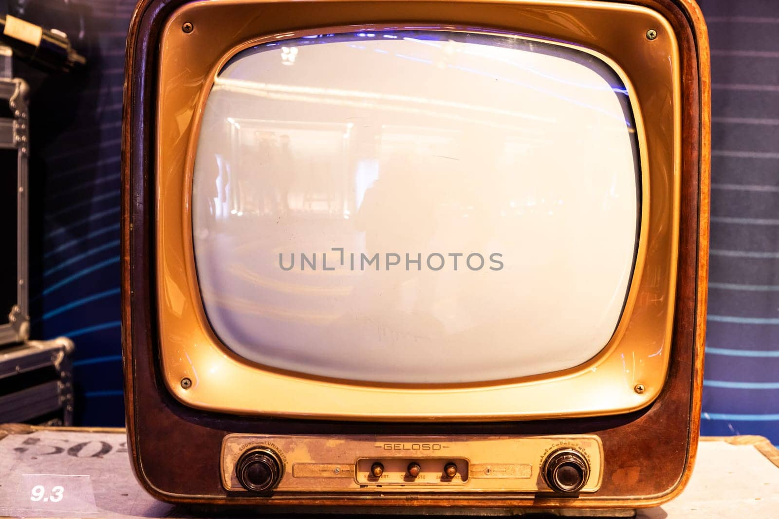 Turin, Italy - 30 April 2024. Museum of Radio and Television. TV B/W model Geloso, one of the first 21 inch TVs, Black and White.