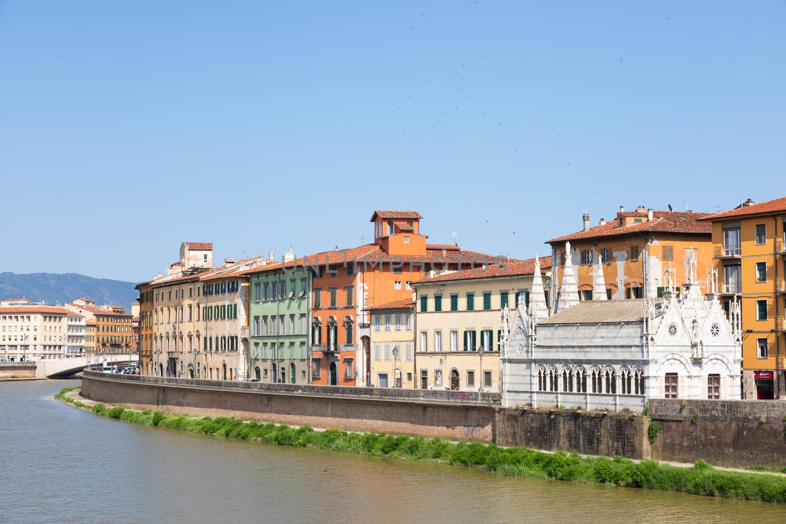 Pisa, Italy - 29 June 2023: colourful buildings on Arno river. Urban skyline, travel destination.