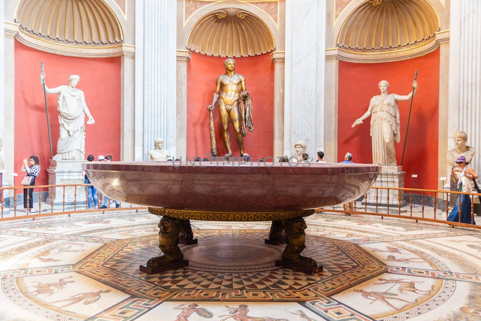 Rome, Italy - 30 April 2024. Vatican Museum interior. Turists in the Round Hall - also named Sala Rotonda - with Greek and Roman Antiquities