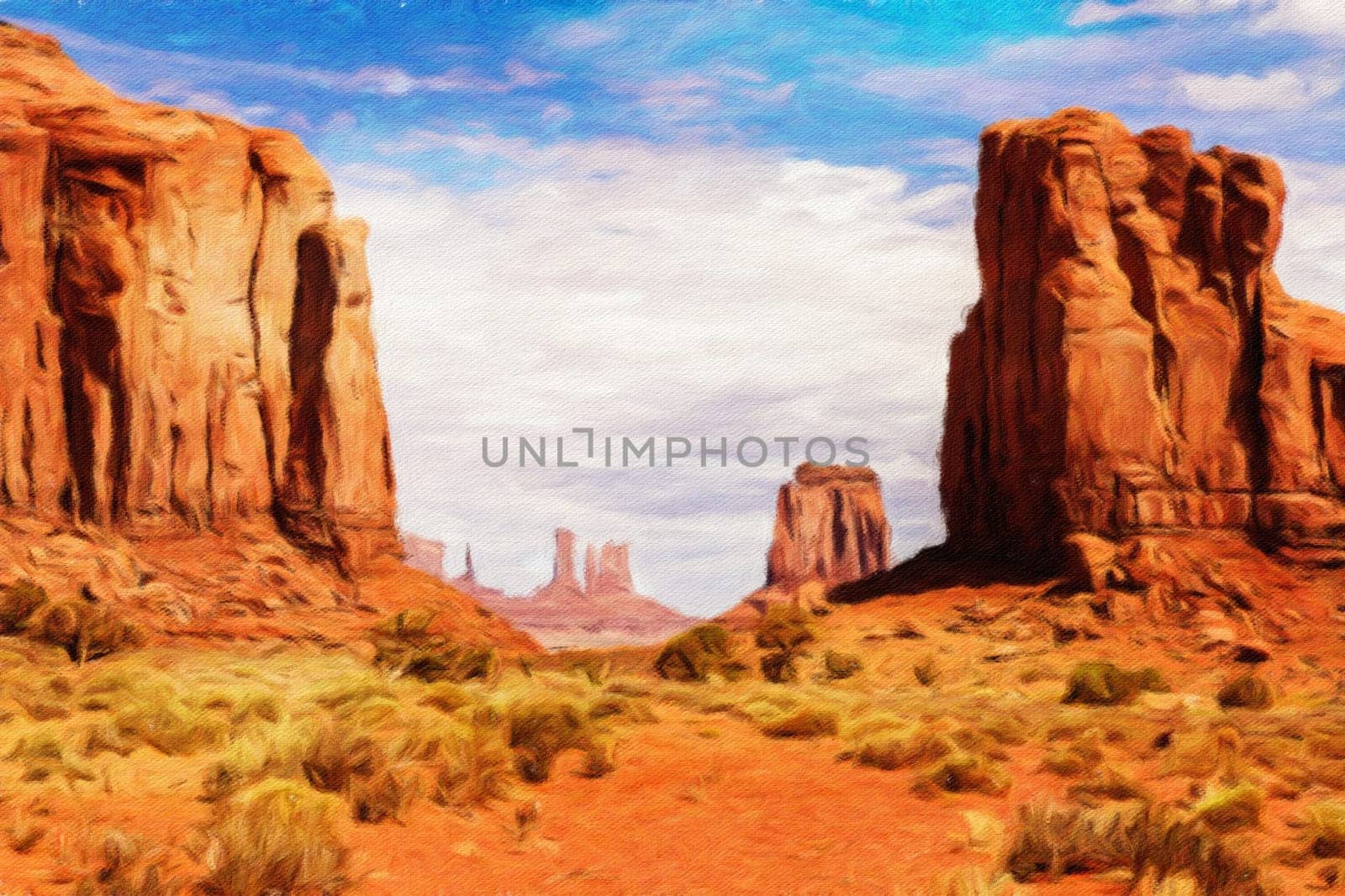 Creative illustration in vintage watercolor design - Monument Valley in USA, red panorama with blue sky