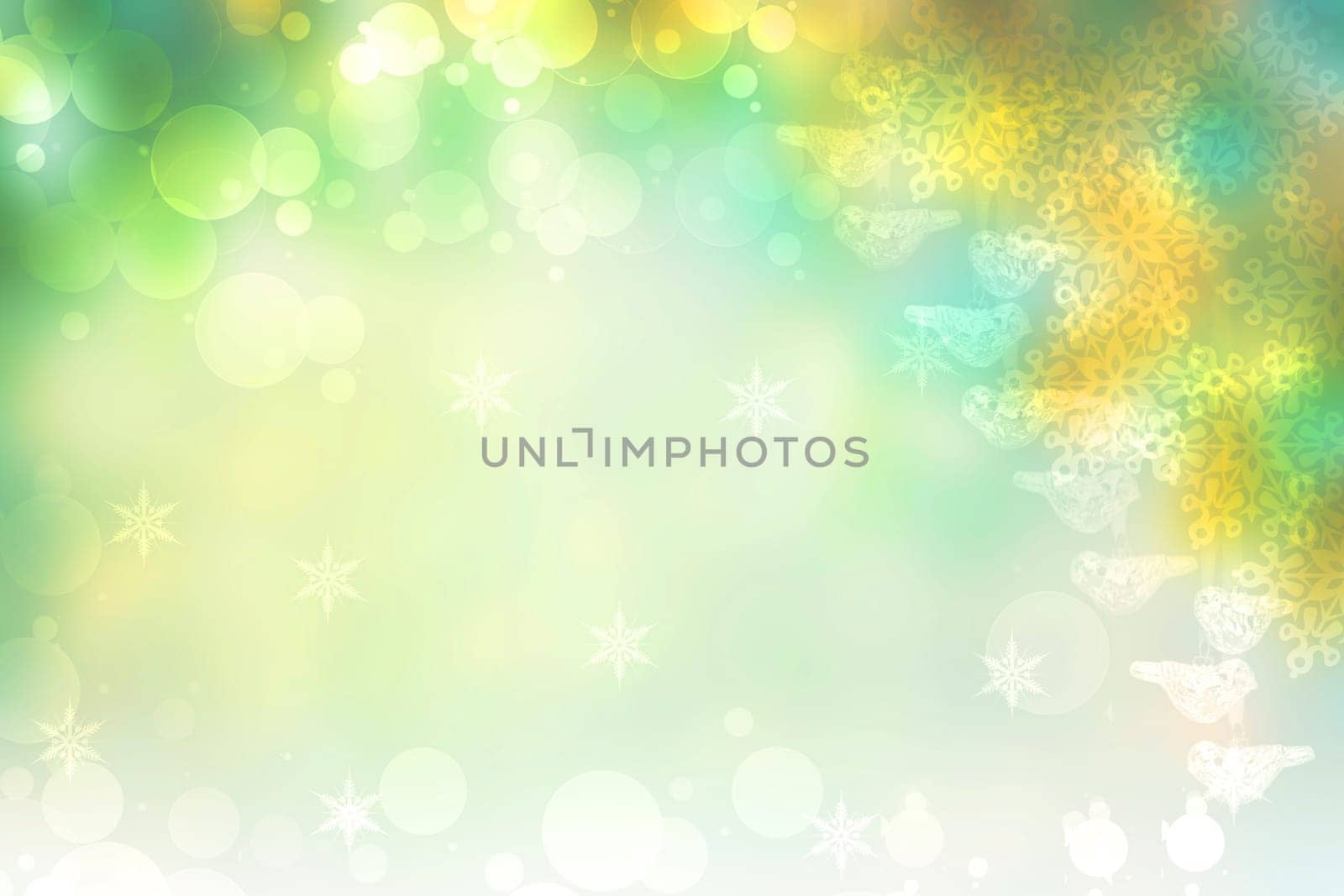 Abstract blurred festive light green yellow white winter christmas or Happy New Year background texture with yellow bokeh circles and stars. Card concept.