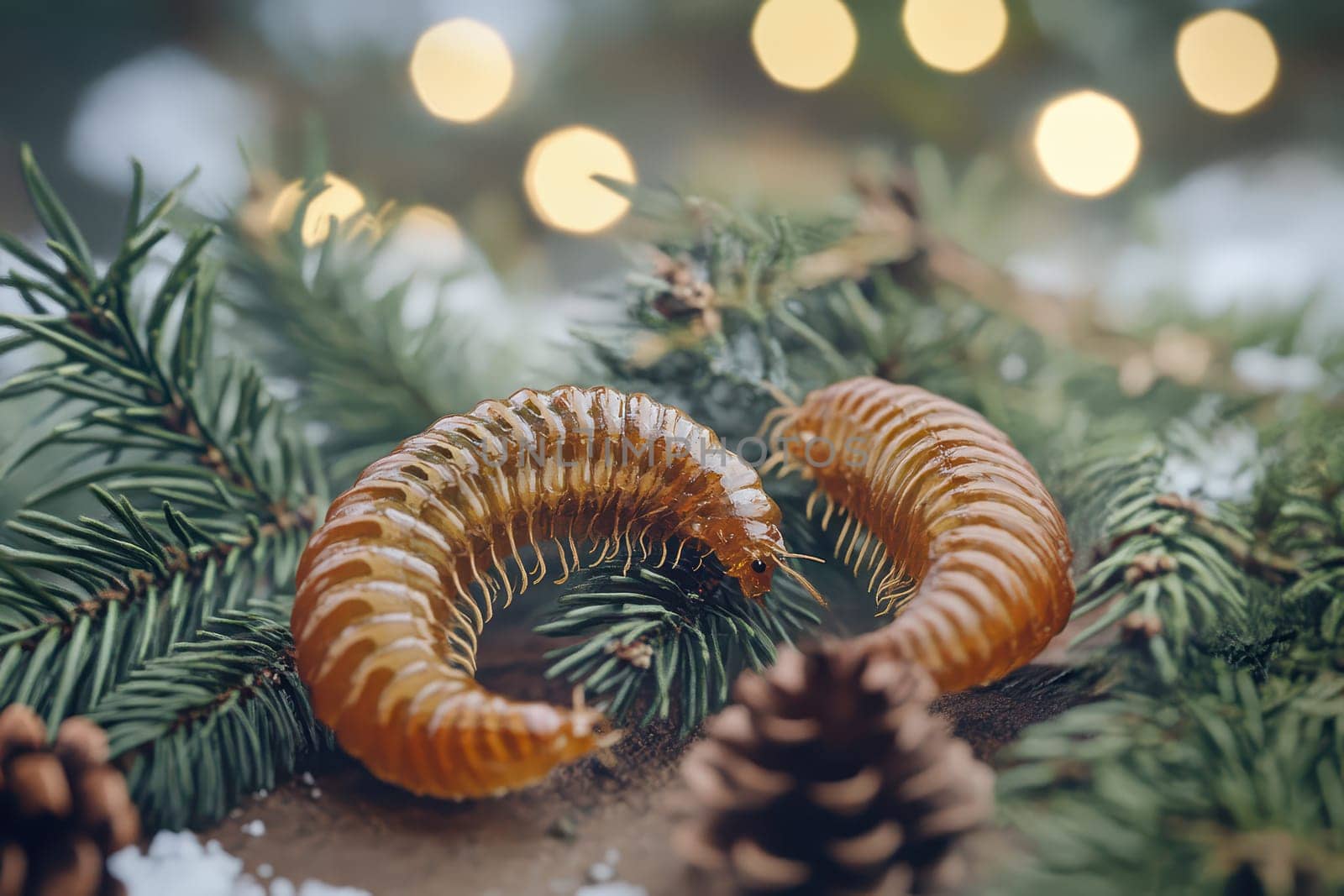 Two distinct larvae are displayed on pine branches surrounded by seasonal decorations and a soft glow from lights in the background.