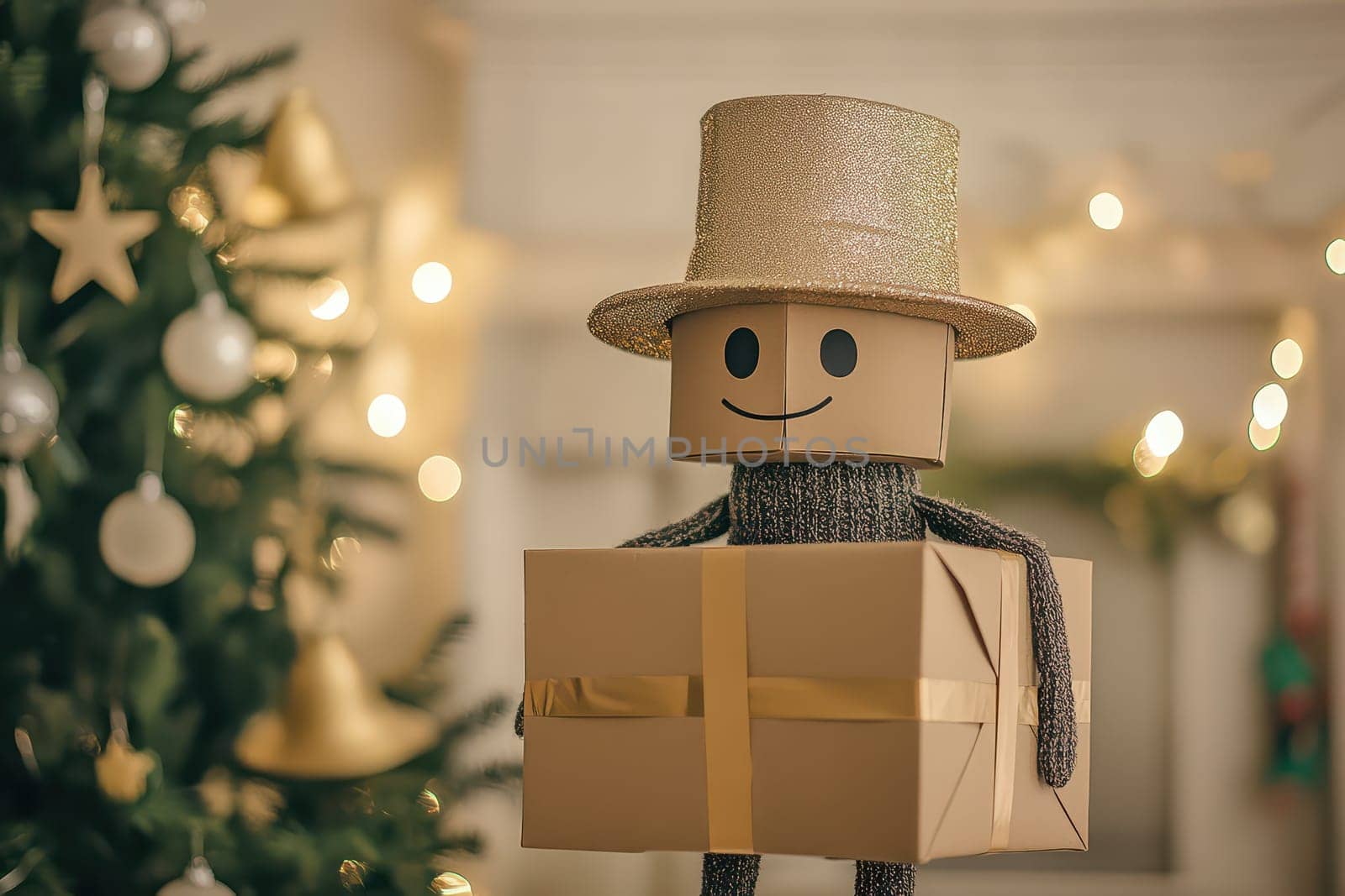 A cheerful cardboard figure in a festive hat stands by a decorated tree holding a beautiful gift box amid glowing lights celebrating the season.