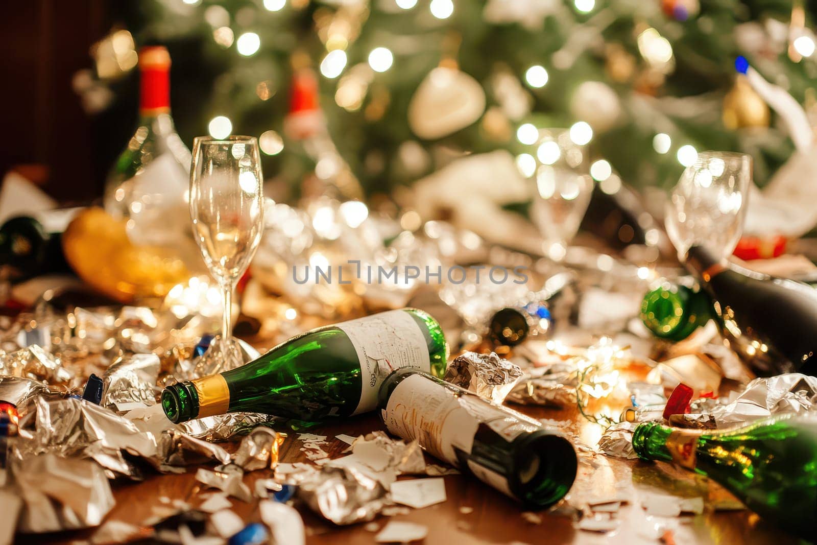 Empty bottles and glasses are scattered across a table surrounded by festive decorations indicating a lively holiday celebration had taken place.