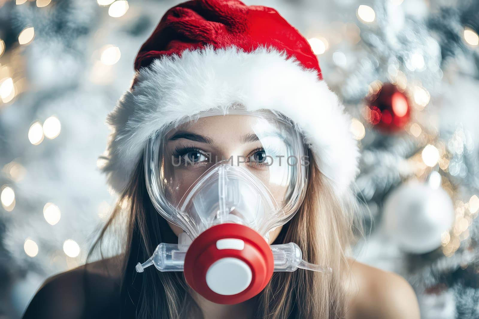 A young woman with a Christmas hat is looking directly at the camera while wearing a protective mask against a decorated tree backdrop.