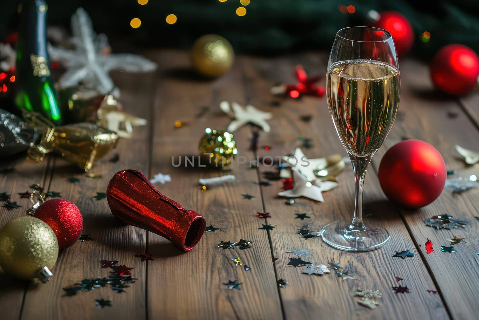 A glass of sparkling drink sits among colorful decorations and festive items creating a lively party atmosphere during a joyful celebration.