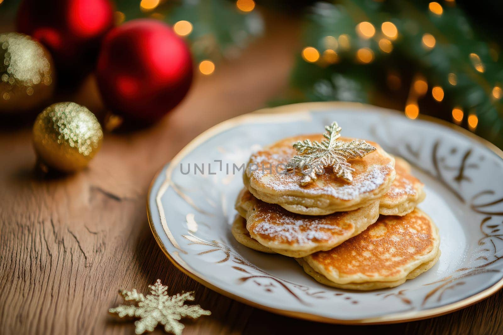 Stack of fluffy pancakes decorated with a golden snowflake sits on an elegant plate among holiday ornaments and lights.