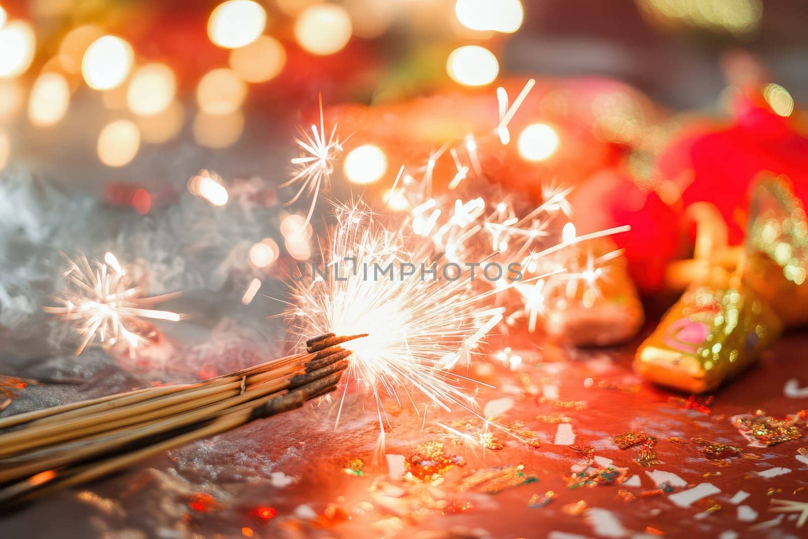 A group of sparklers glows brightly illuminating colorful decorations as people celebrate during a festive evening filled with joy.