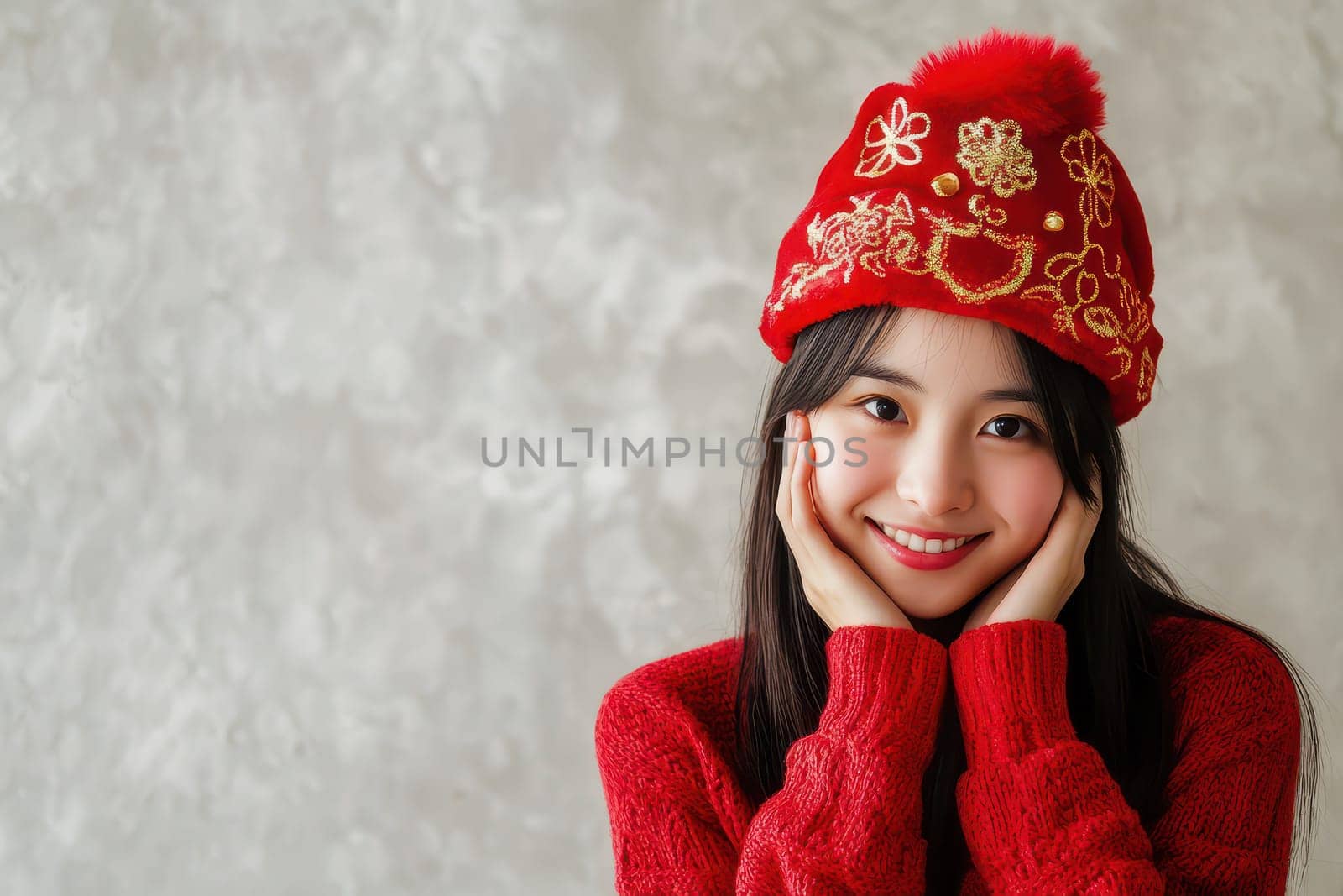 A young woman wearing a decorative red sweater and a vibrant hat poses happily with her hands on her cheeks against a light background.