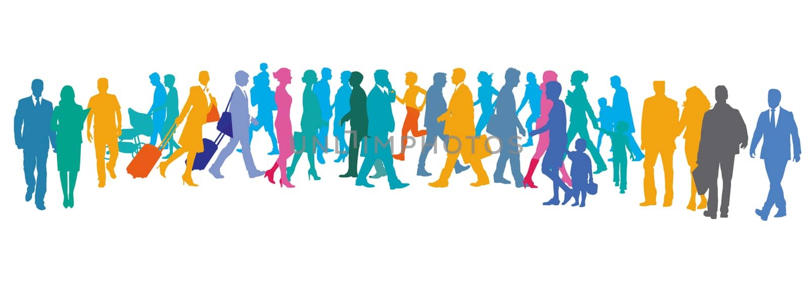 large colorful groups of people on the street, isolated on white background, illustration