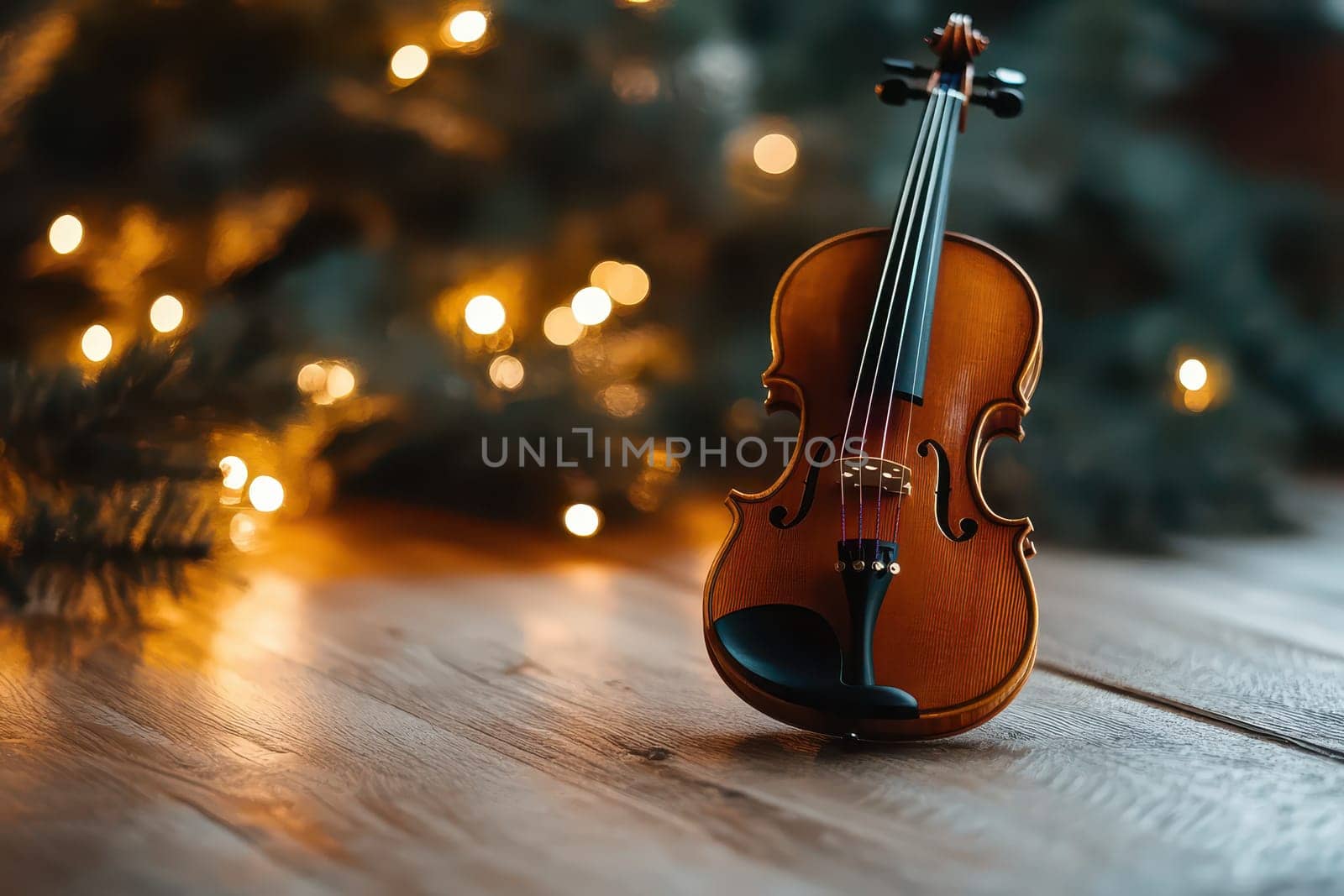 A small wooden violin stands on the floor surrounded by soft glowing lights and lush greenery creating a cozy festive atmosphere.