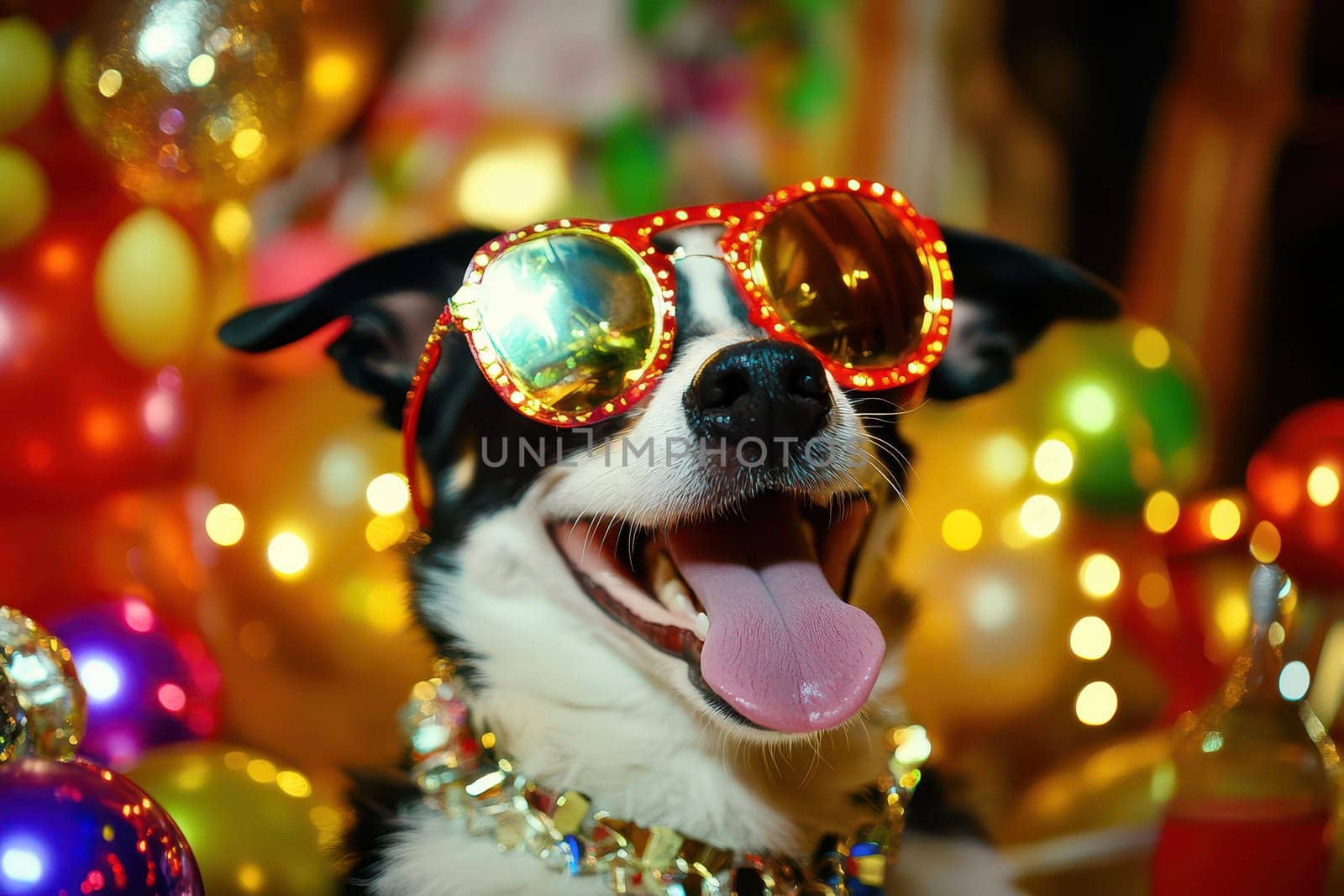 A joyful dog with sunglasses poses among colorful decorations and lights showcasing a fun atmosphere at a festive event.