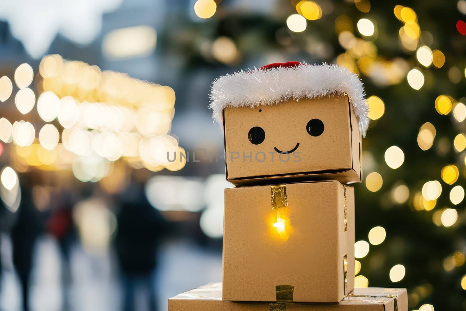 A smiling cardboard box adorned with a festive hat glows warmly in a bustling holiday market surrounded by twinkling lights and shoppers.