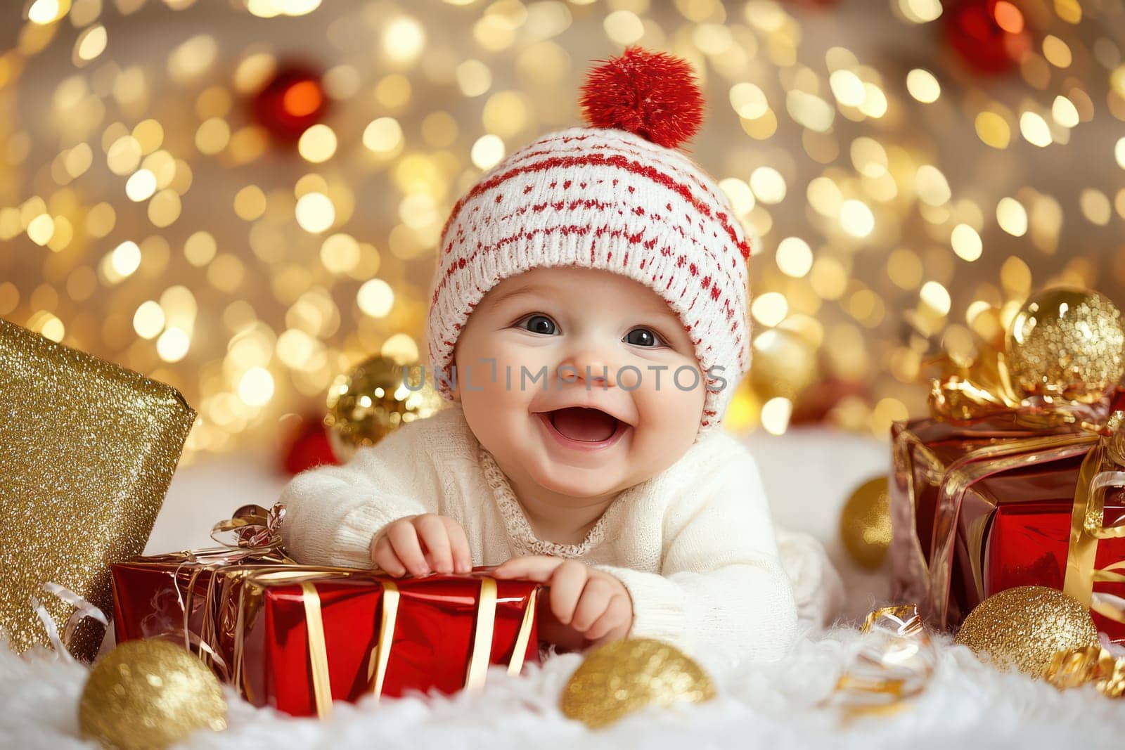 A cheerful baby in a cozy white sweater and knit hat is surrounded by sparkling gifts ornaments and festive decorations during the holidays.