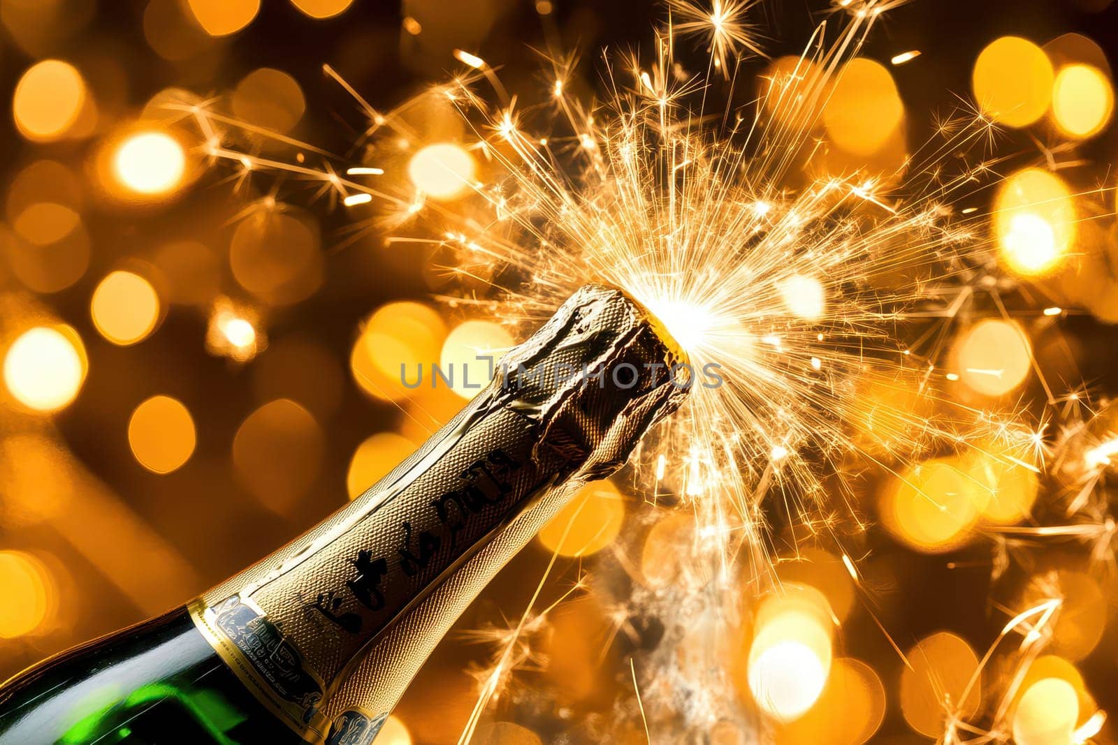 A champagne bottle erupts with sparkling fireworks creating a festive atmosphere perfect for celebrations. The background shimmers with warm light.
