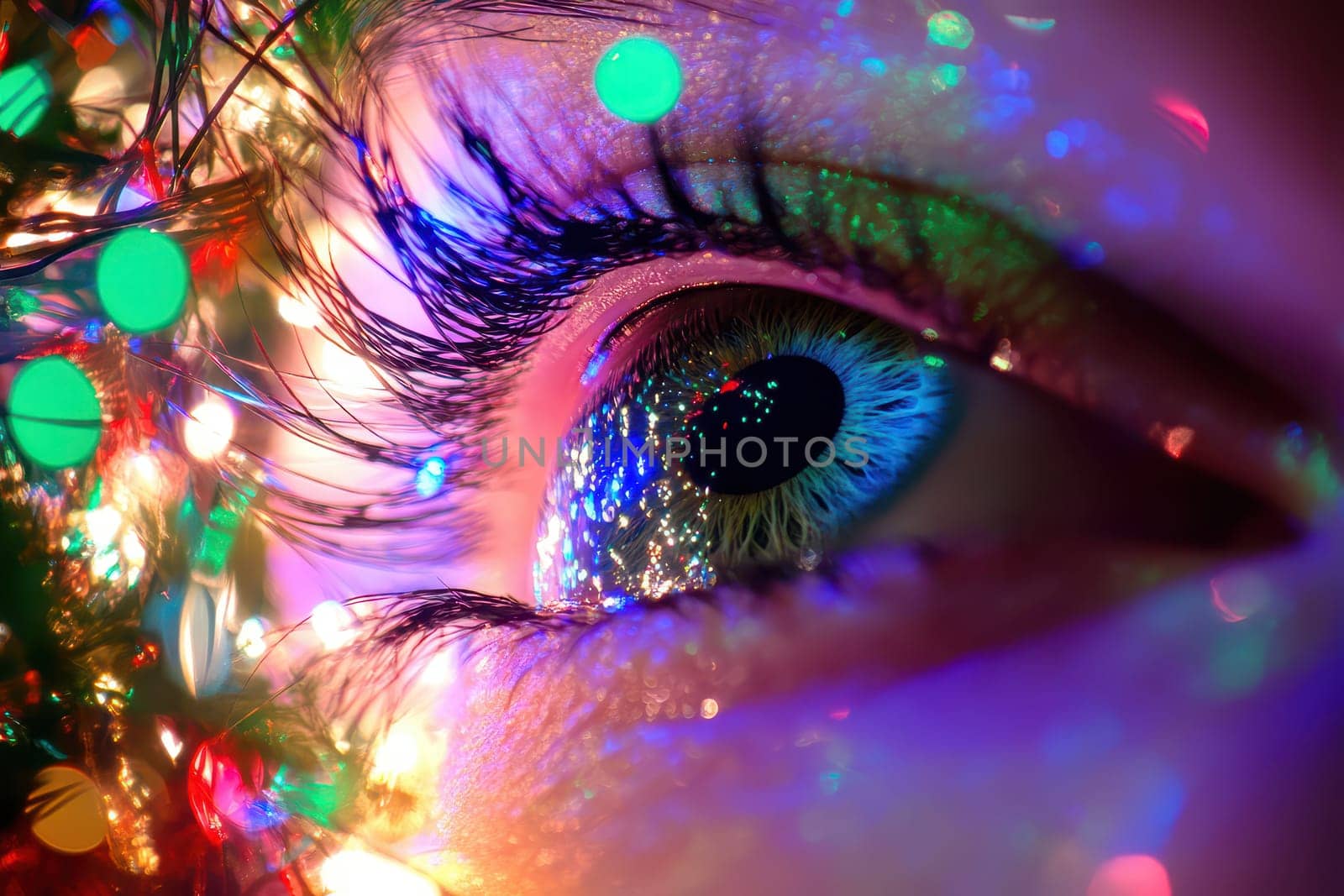 Close up view of an eye illuminated by vibrant holiday lights showcasing festive colors and reflections during a celebratory moment.