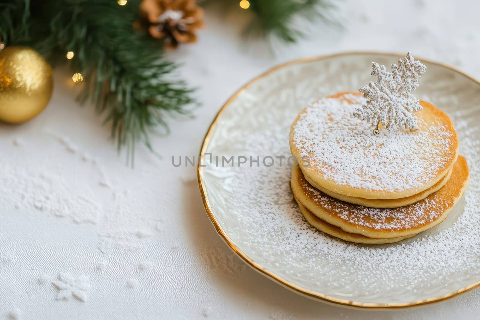 A plate of fluffy pancakes dusted with powdered sugar and adorned with a decorative snowflake set against a holiday backdrop.