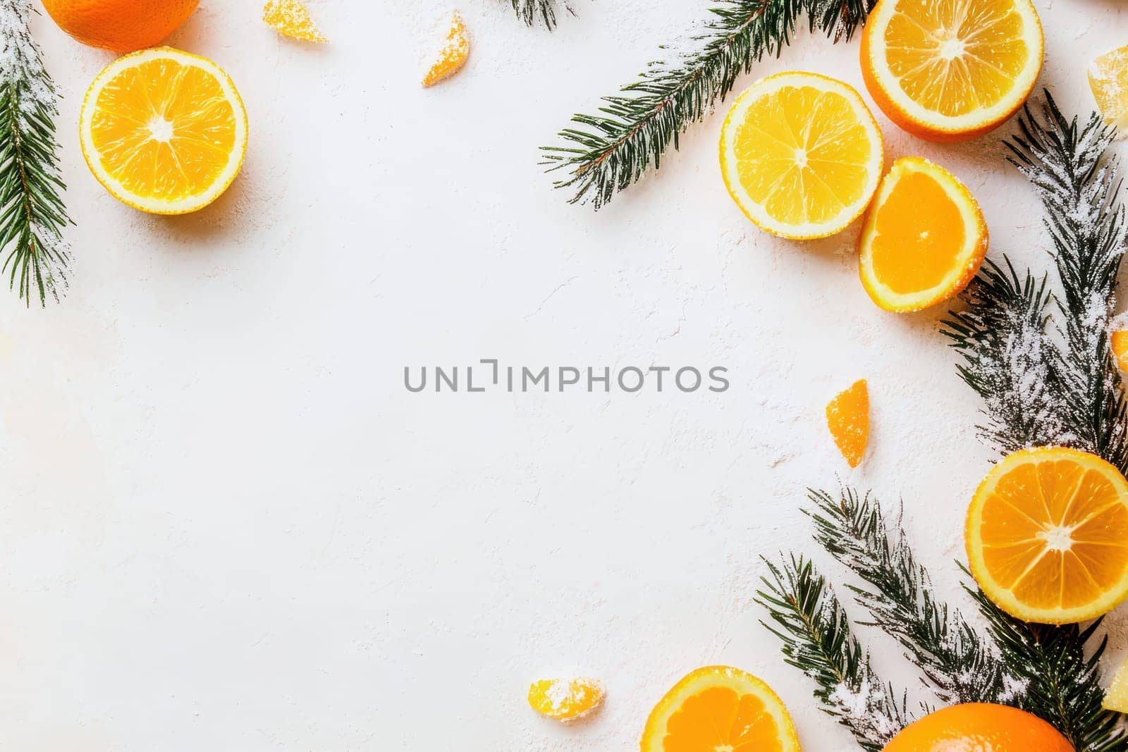 Bright orange citrus fruits are scattered around green pine branches on a light background creating a festive and vibrant arrangement.