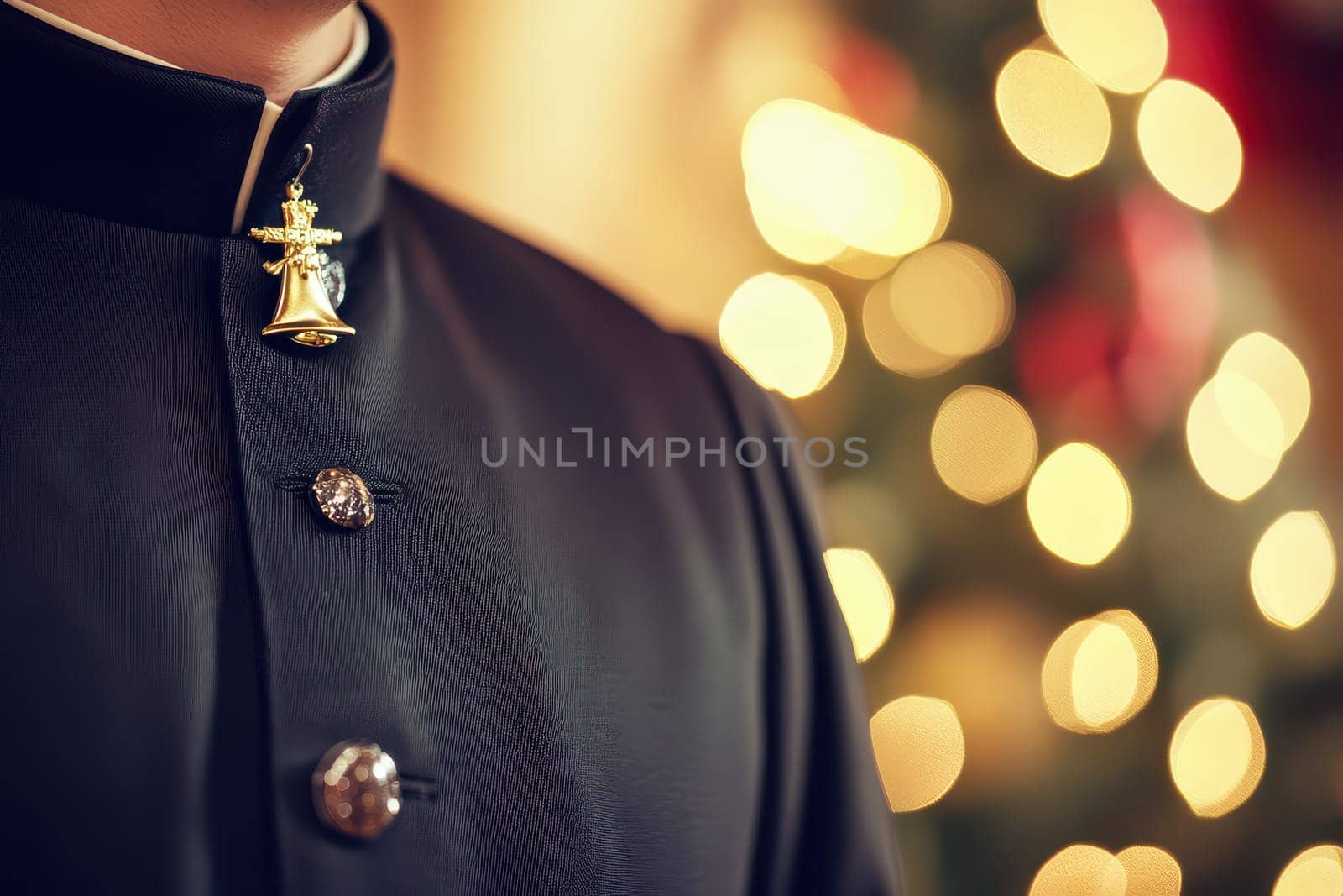 A priest dressed in elegant black garment stands near a beautifully decorated Christmas tree glowing with lights and ornaments.
