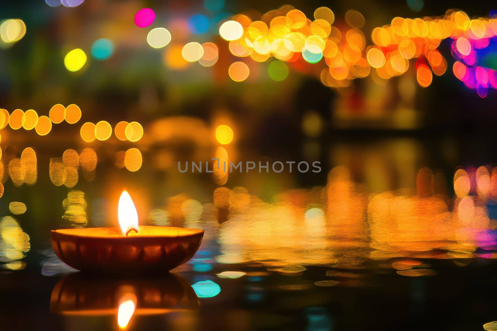 A single diya glows brightly on calm water surrounded by colorful lights reflecting the festive atmosphere of the night.