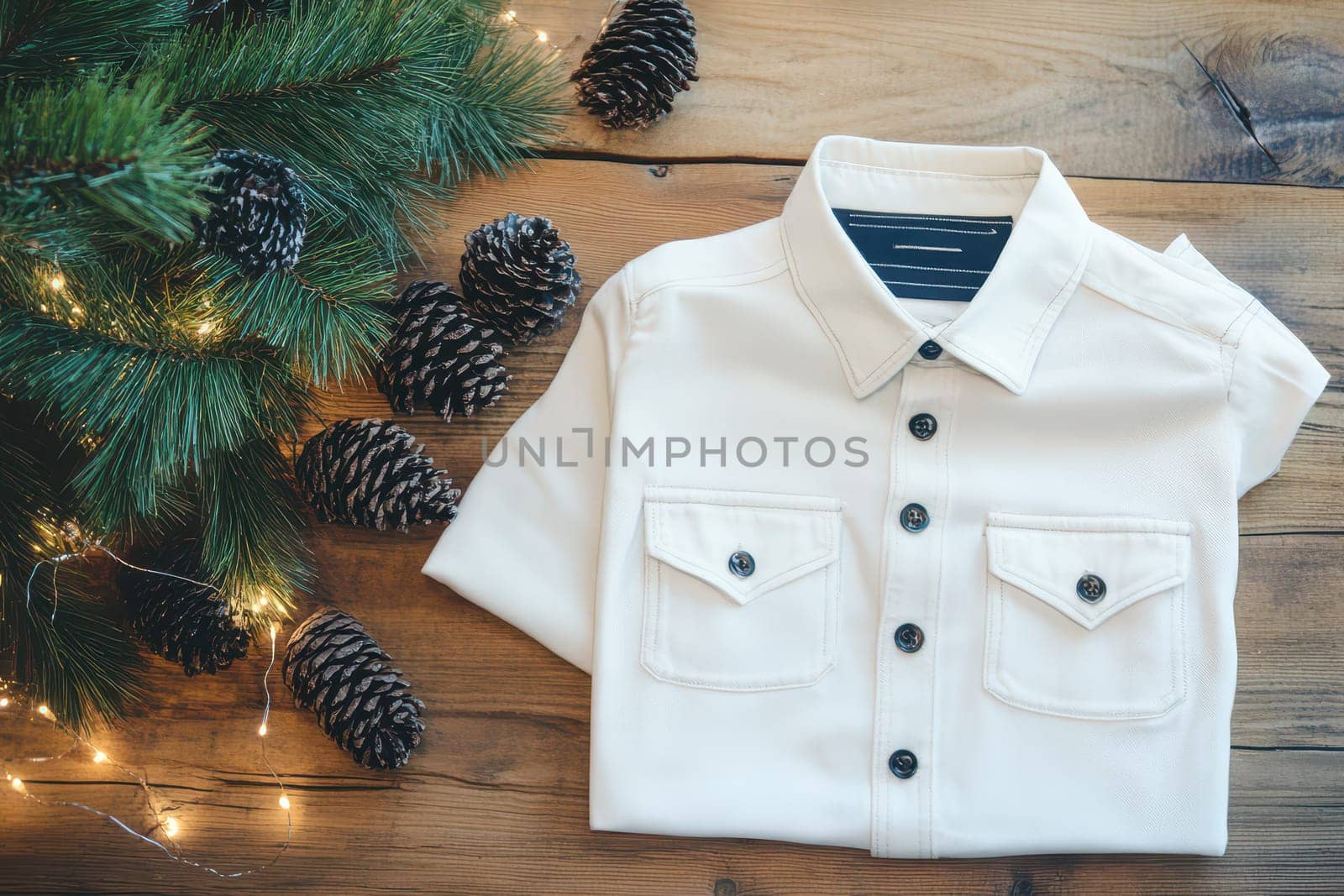 A neatly folded white shirt rests on a wooden surface surrounded by pine cones and festive lights suggesting a cozy holiday atmosphere.