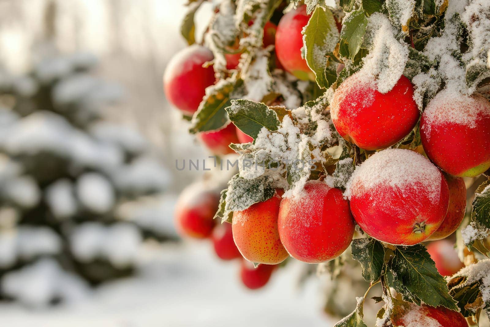 Bright red apples cling to a snow dusted branch showcasing the beauty of winter in a serene orchard landscape.