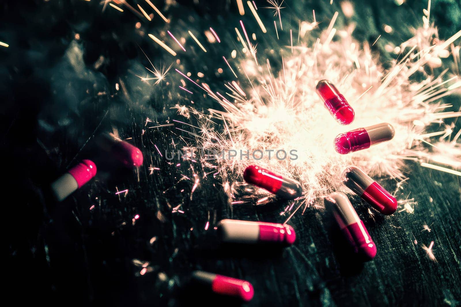 Capsules in red and white colors are exploding in sparks against a dark background creating a unique contrast and visual interest.