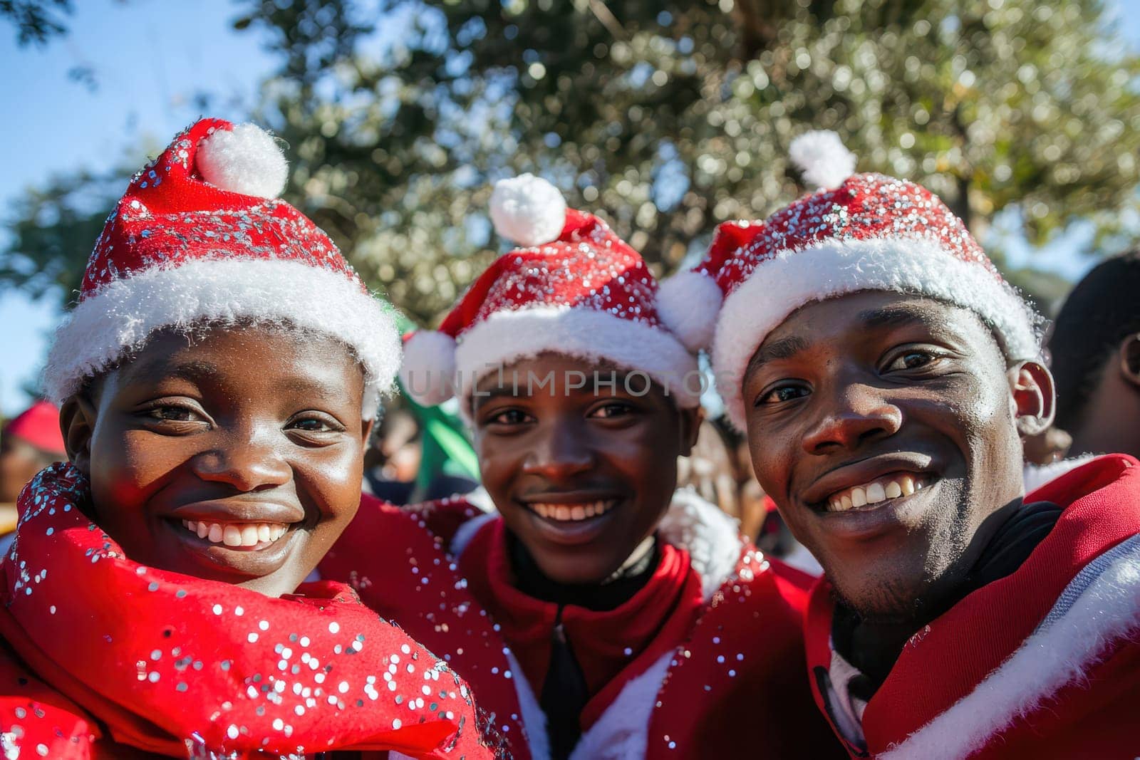 Friends dressed in Christmas hats and scarves smile joyfully during a festive celebration enjoying the holiday spirit outdoors.