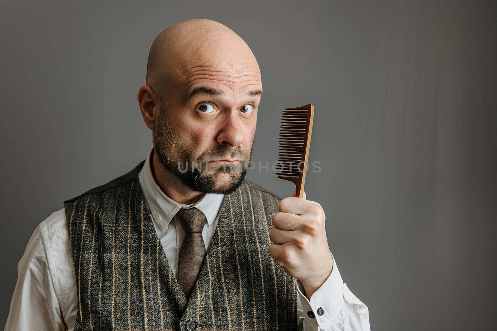 Humorous portrait of bald man in vintage striped vest and tie holding wooden comb with confused expression against grey background.