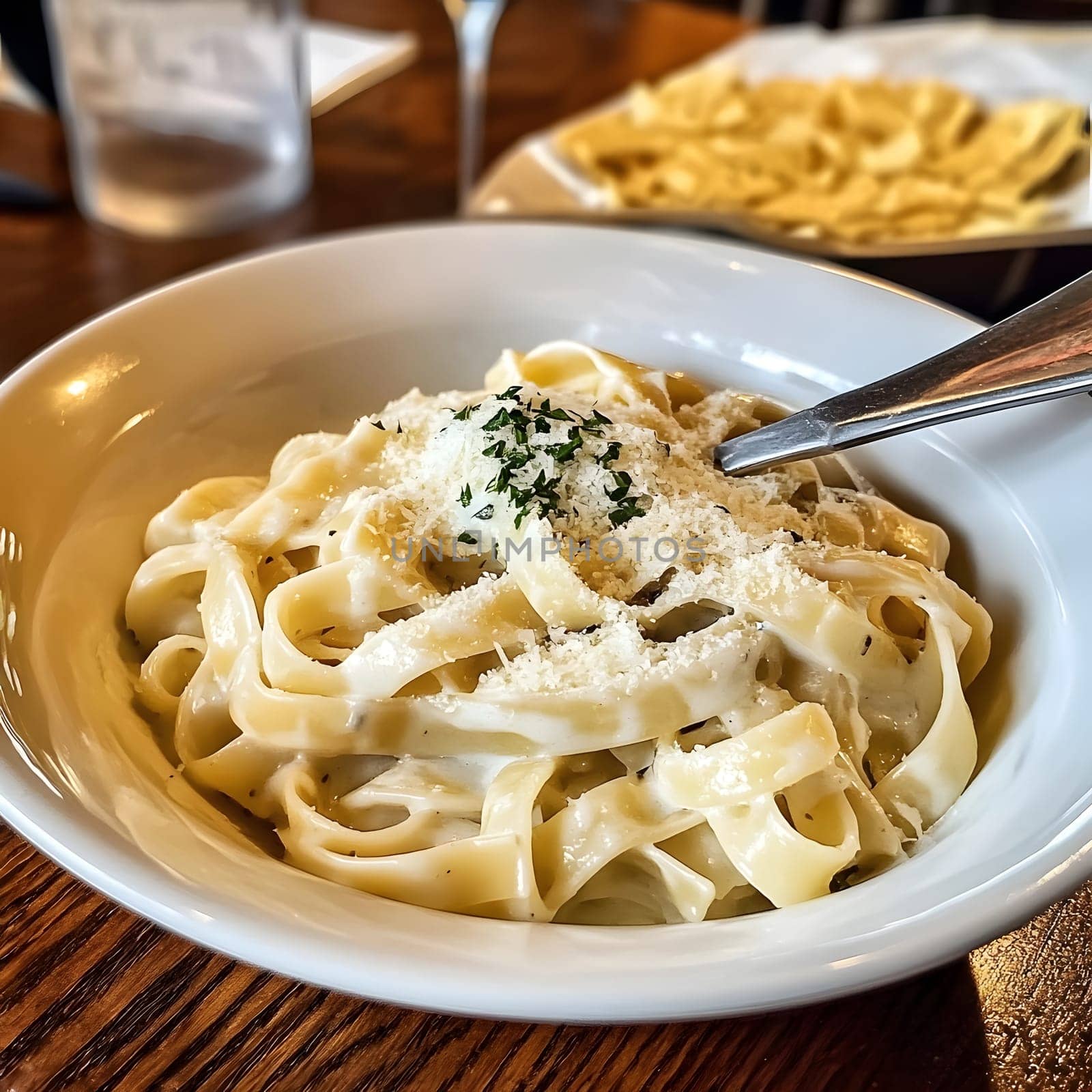 Italian Alfredo Spahetti Pasta. Creamy Penne and spaghetti Food lunch meal