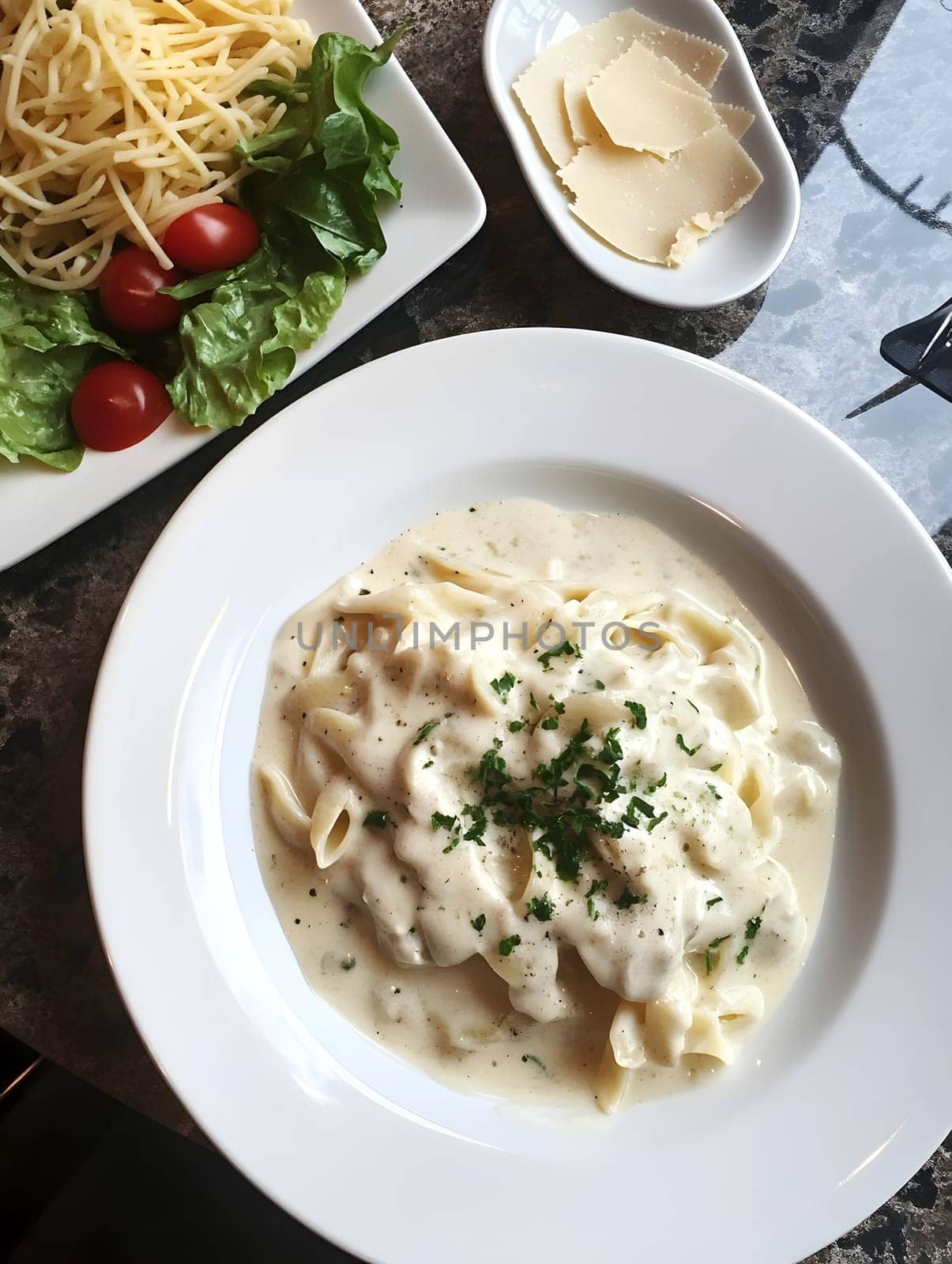 Italian Alfredo Spahetti Pasta. Creamy Penne and spaghetti Food lunch meal