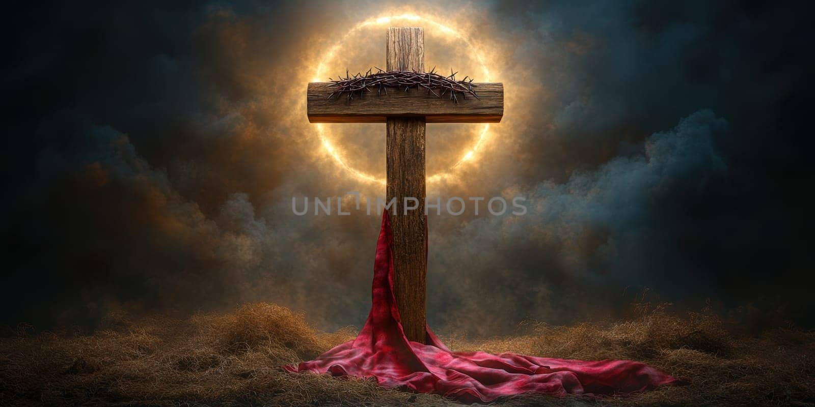 Wooden cross with crown of thorns. AI generative.