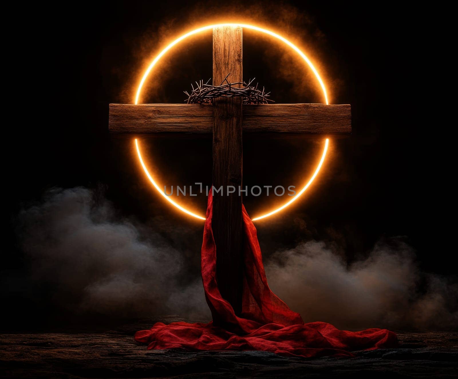 Wooden cross with crown of thorns. AI generative.
