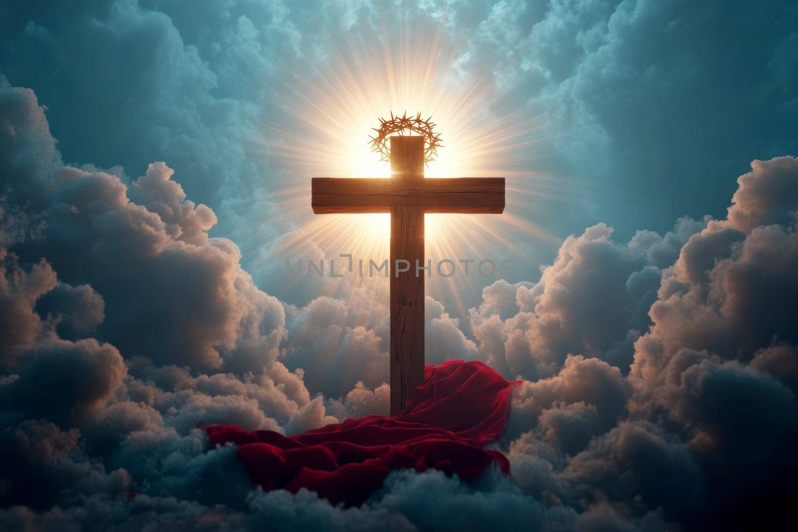 Wooden cross with crown of thorns. AI generative.