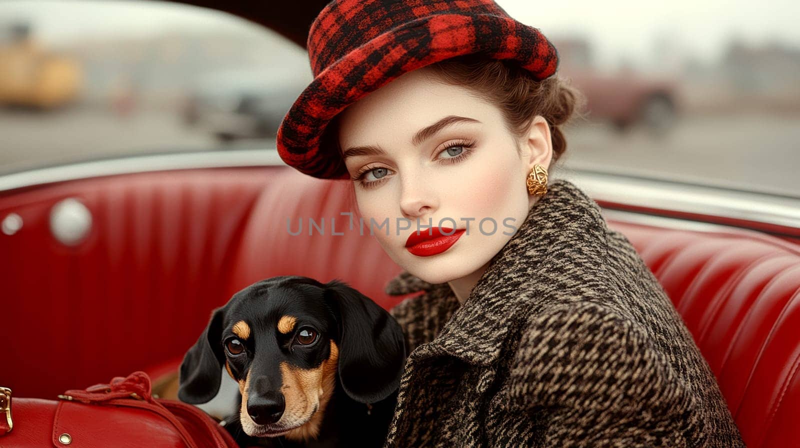 An elegant woman in the back seat of a luxury car, with  dachshund. AI generative.