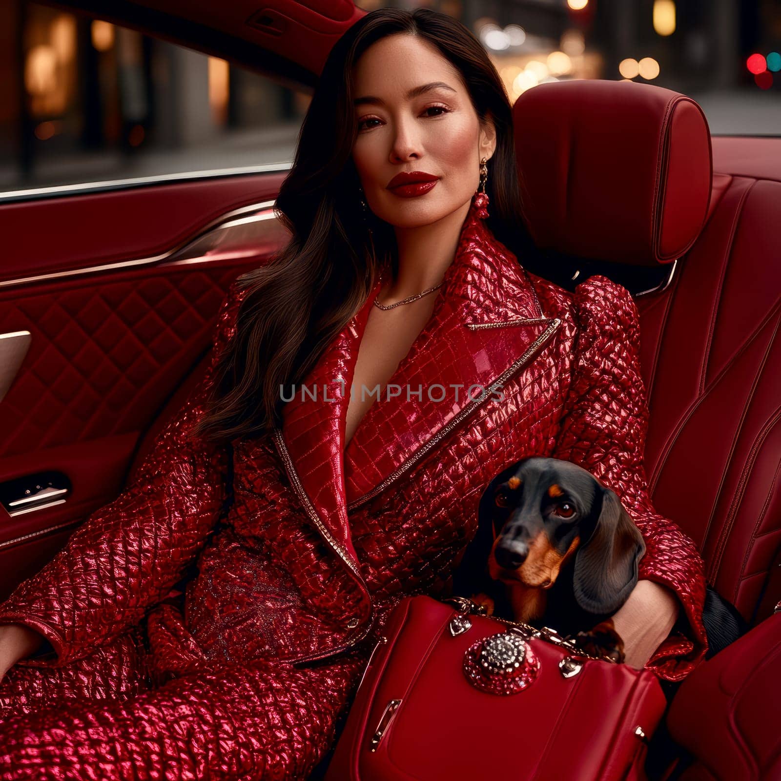 An elegant woman in the back seat of a luxury car, with  dachshund. AI generative.