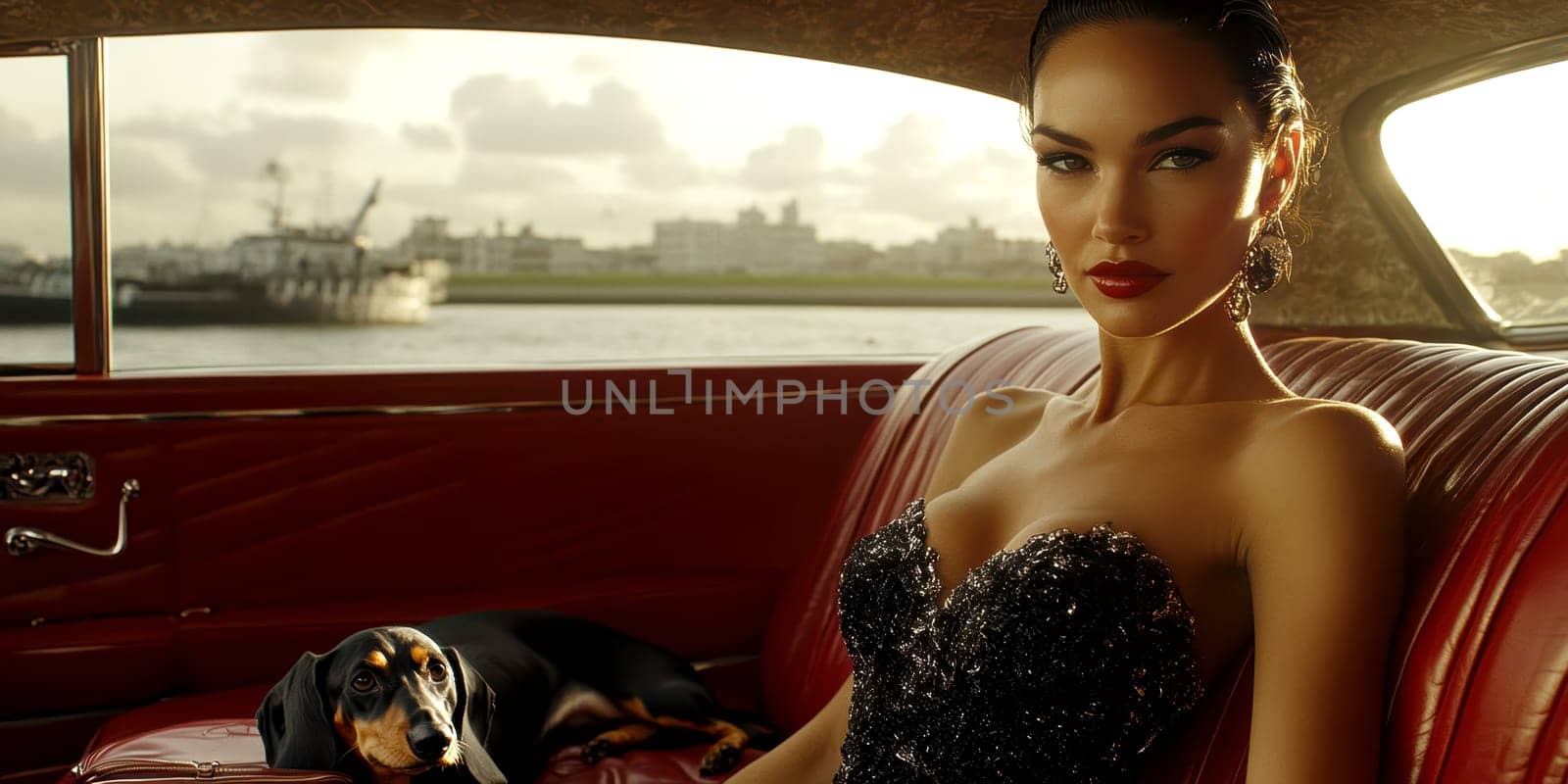 An elegant woman in the back seat of a luxury car, with  dachshund. AI generative.